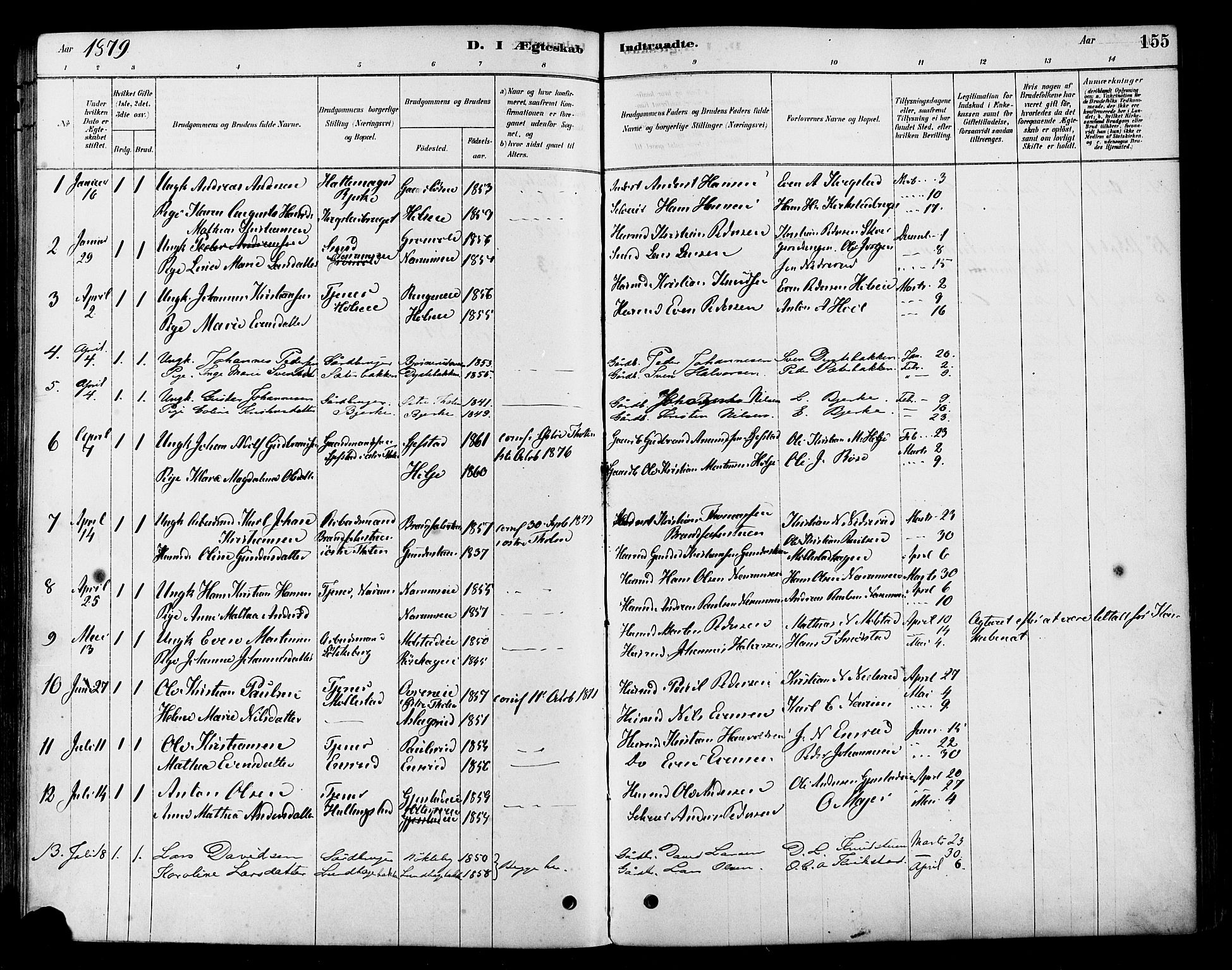 Vestre Toten prestekontor, SAH/PREST-108/H/Ha/Haa/L0010: Parish register (official) no. 10, 1878-1894, p. 155