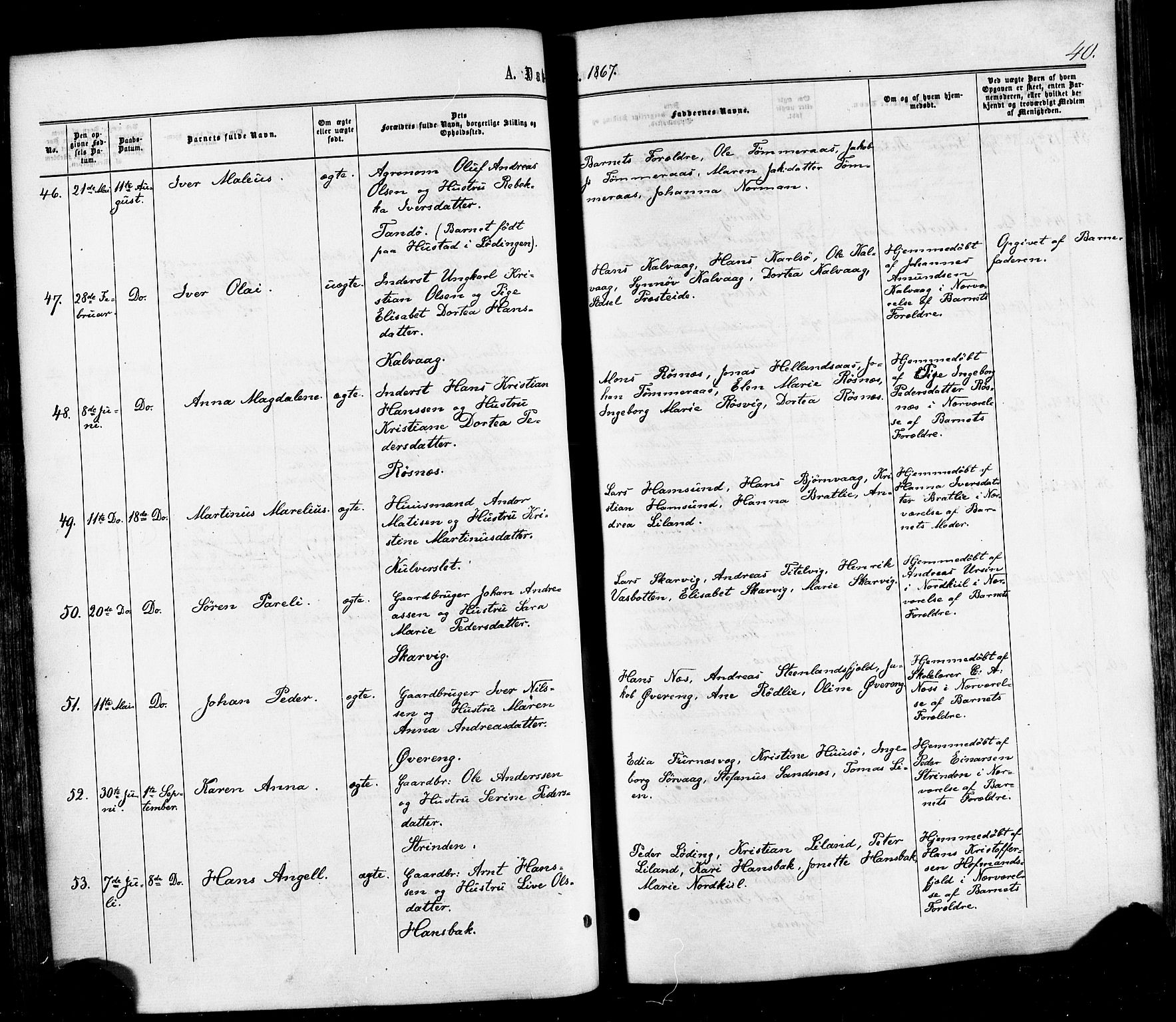 Ministerialprotokoller, klokkerbøker og fødselsregistre - Nordland, AV/SAT-A-1459/859/L0845: Parish register (official) no. 859A05, 1863-1877, p. 40