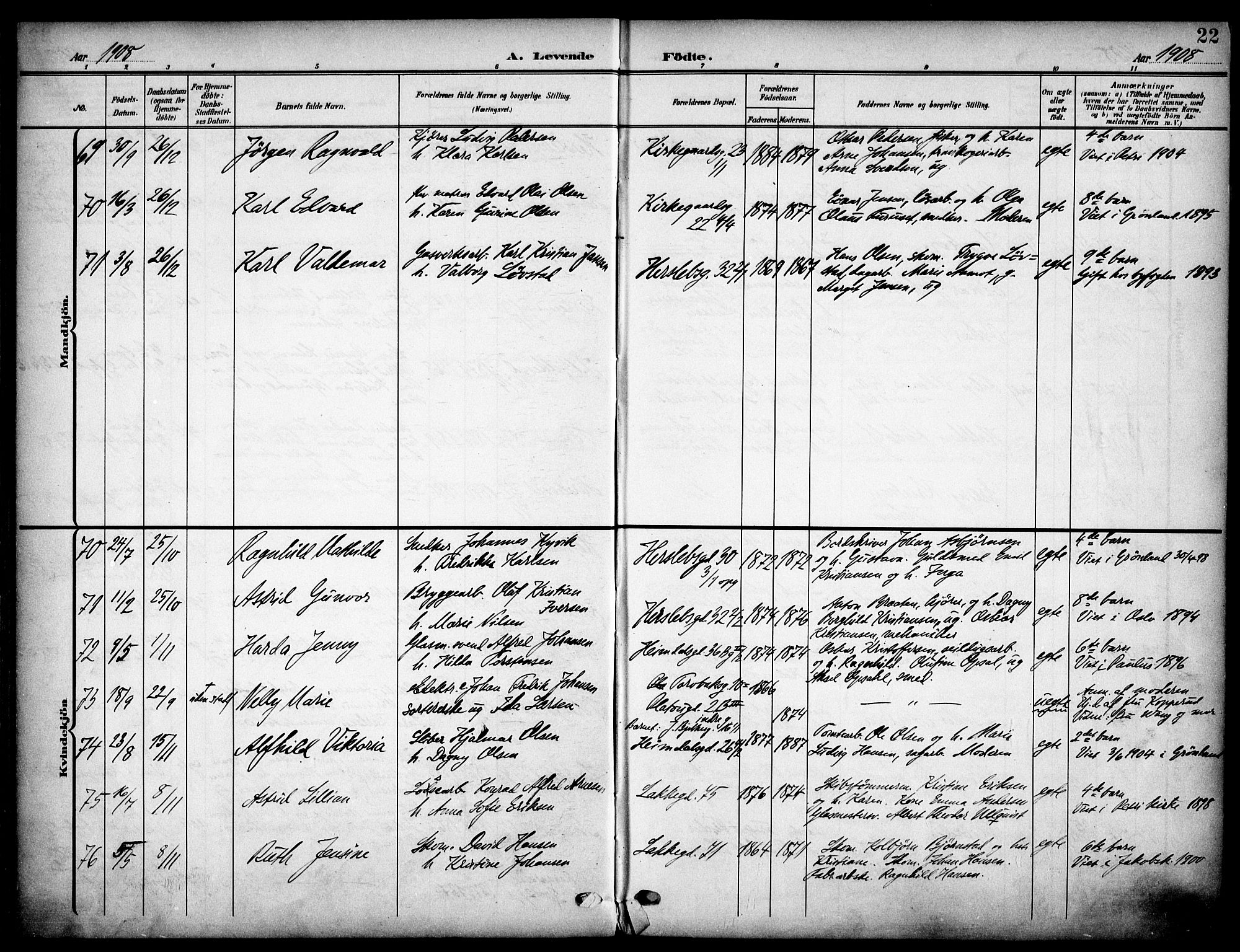 Tøyen prestekontor Kirkebøker, SAO/A-10167a/F/Fa/L0001: Parish register (official) no. 1, 1907-1916, p. 22