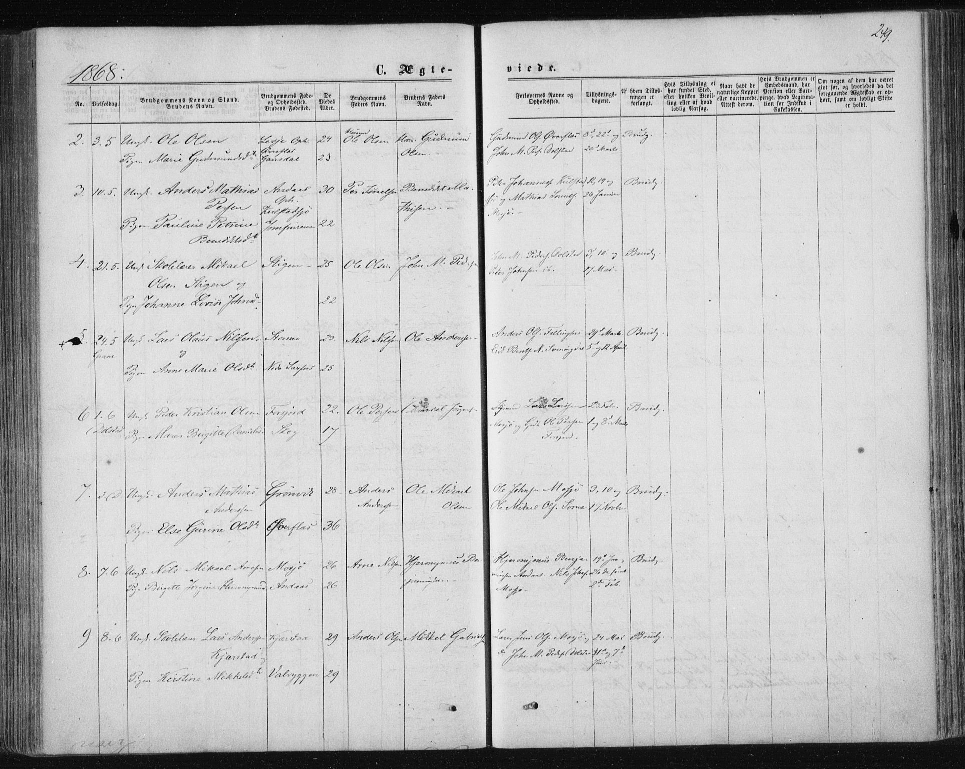 Ministerialprotokoller, klokkerbøker og fødselsregistre - Nordland, AV/SAT-A-1459/820/L0294: Parish register (official) no. 820A15, 1866-1879, p. 249