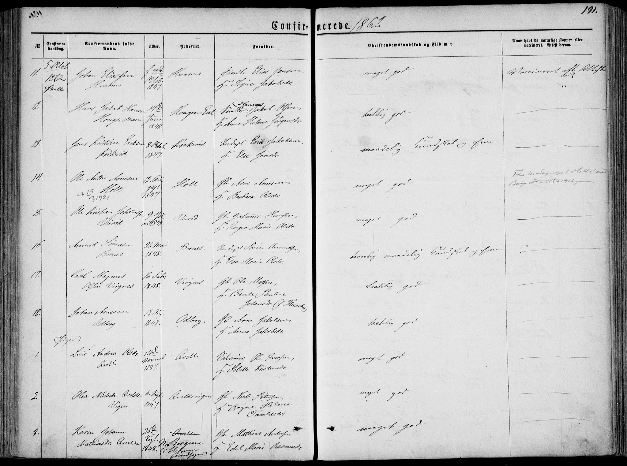 Hedrum kirkebøker, AV/SAKO-A-344/F/Fa/L0007: Parish register (official) no. I 7, 1857-1868, p. 191