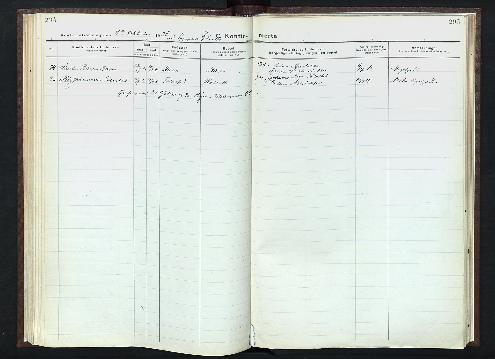 Veldre prestekontor, SAH/PREST-018/K/Ka/L0001: Parish register (official) no. 1, 1921-1934, p. 294-295