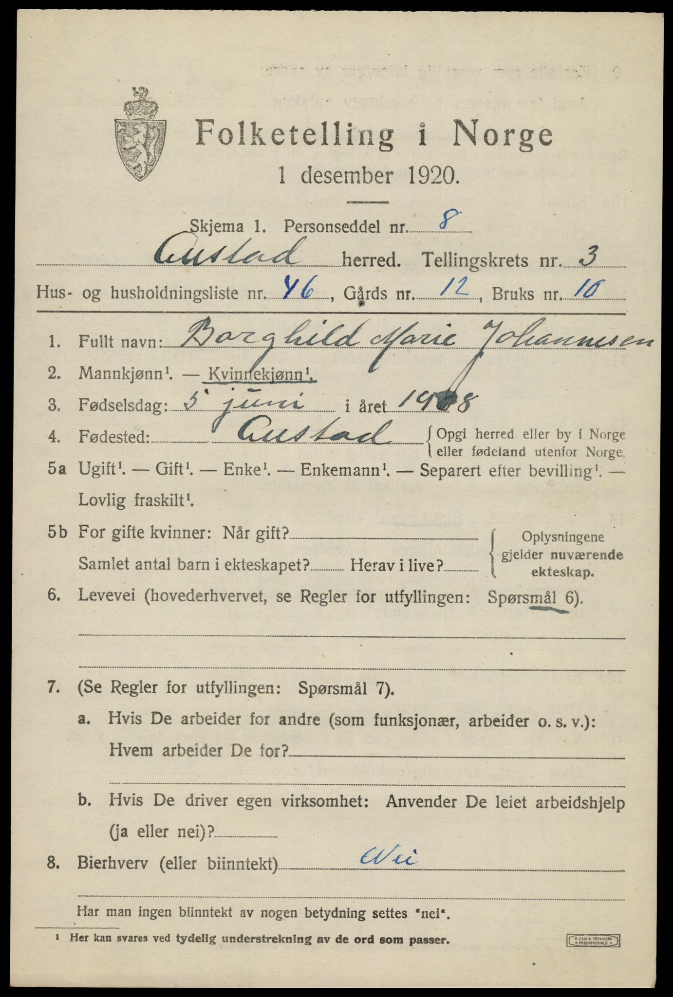 SAK, 1920 census for Austad, 1920, p. 1363