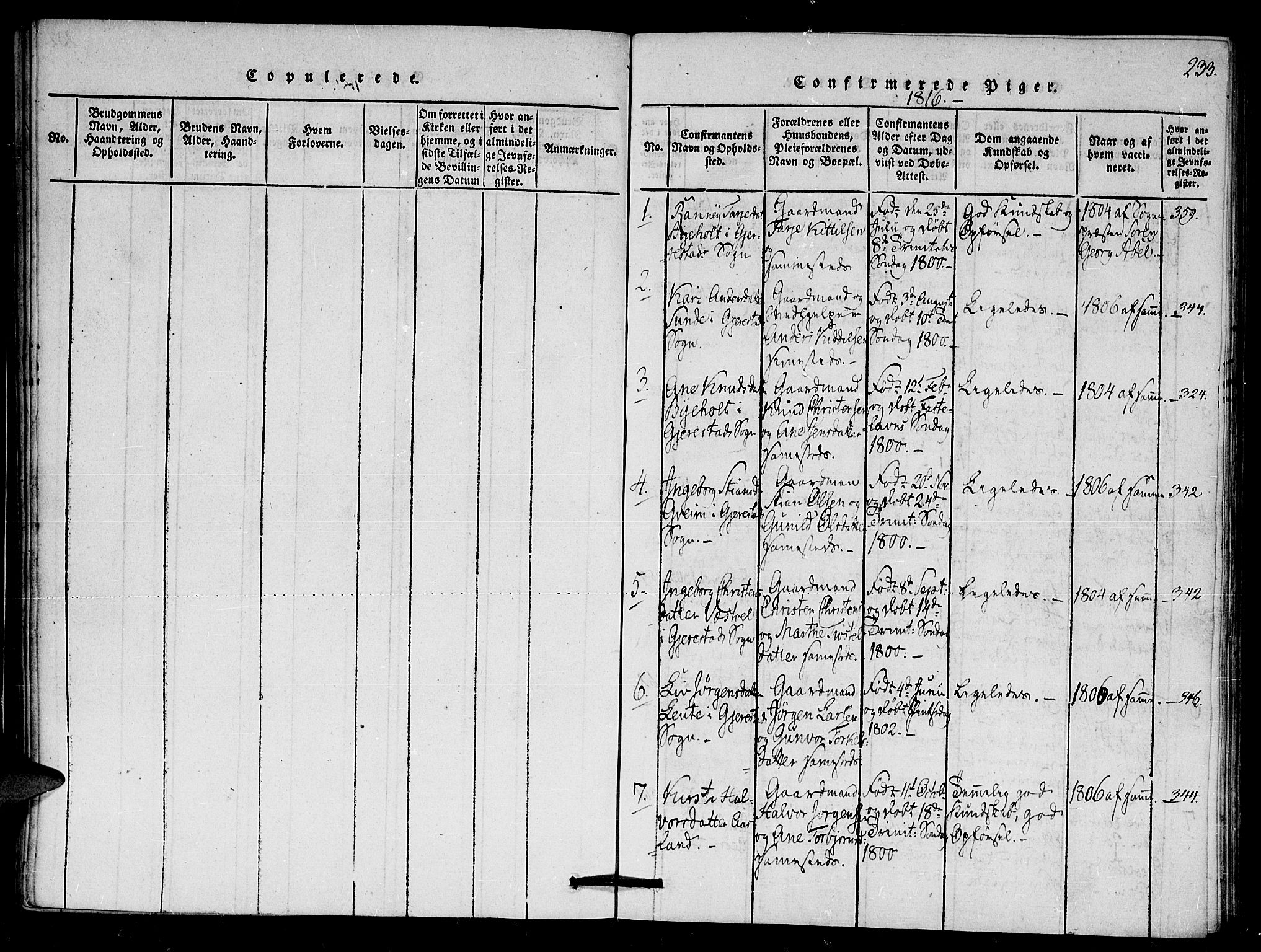 Gjerstad sokneprestkontor, SAK/1111-0014/F/Fa/Faa/L0004: Parish register (official) no. A 4, 1816-1829, p. 233