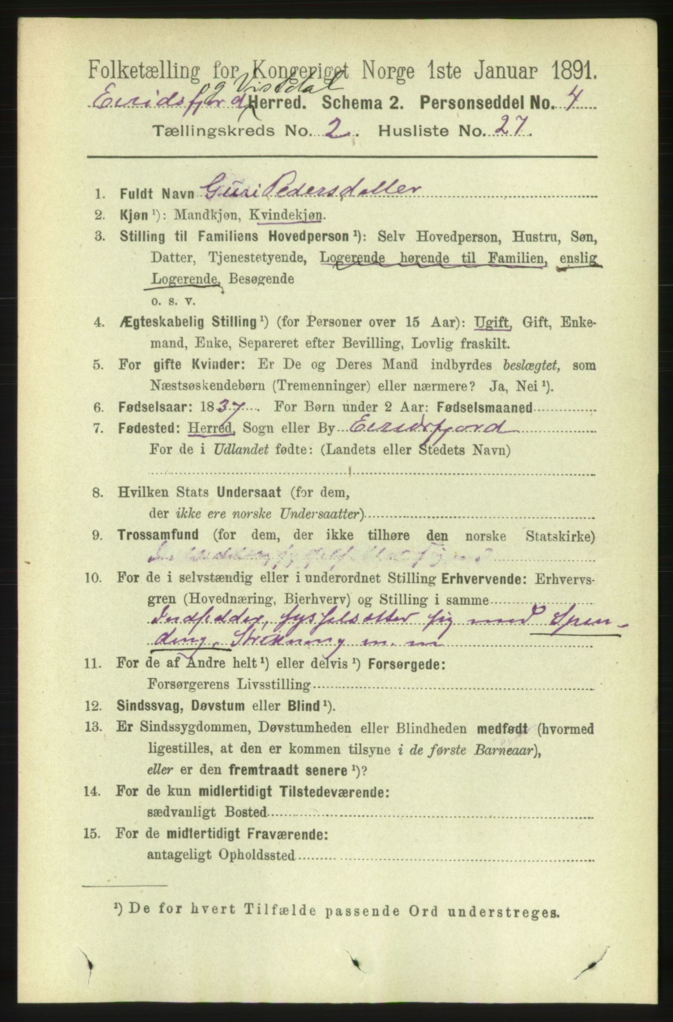 RA, 1891 census for 1542 Eresfjord og Vistdal, 1891, p. 485