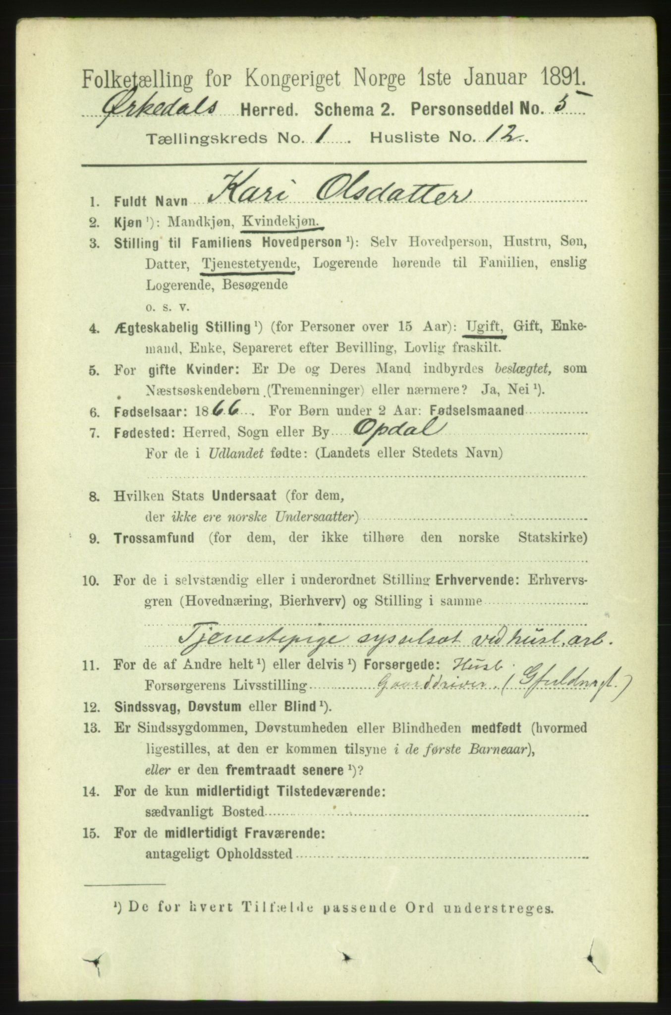 RA, 1891 census for 1638 Orkdal, 1891, p. 198