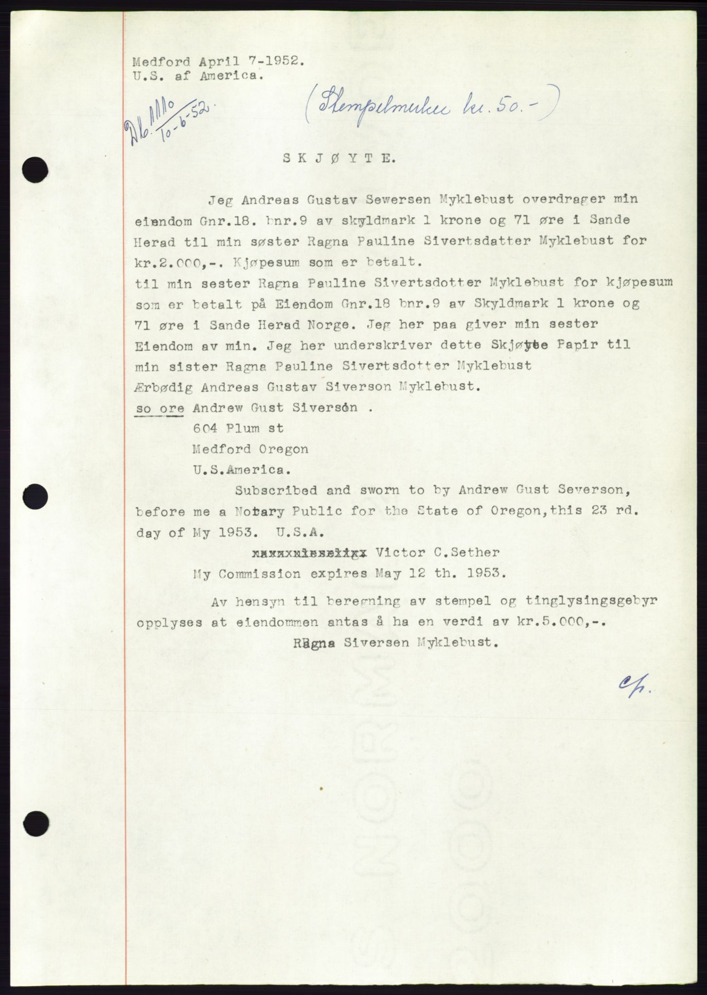 Søre Sunnmøre sorenskriveri, AV/SAT-A-4122/1/2/2C/L0092: Mortgage book no. 18A, 1952-1952, Diary no: : 1110/1952
