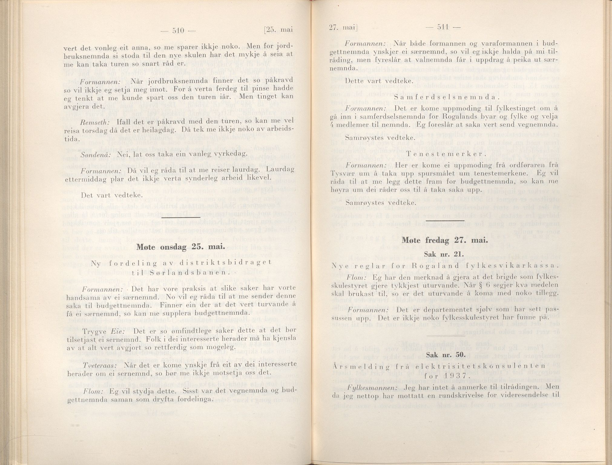 Rogaland fylkeskommune - Fylkesrådmannen , IKAR/A-900/A/Aa/Aaa/L0057: Møtebok , 1938, p. 510-511