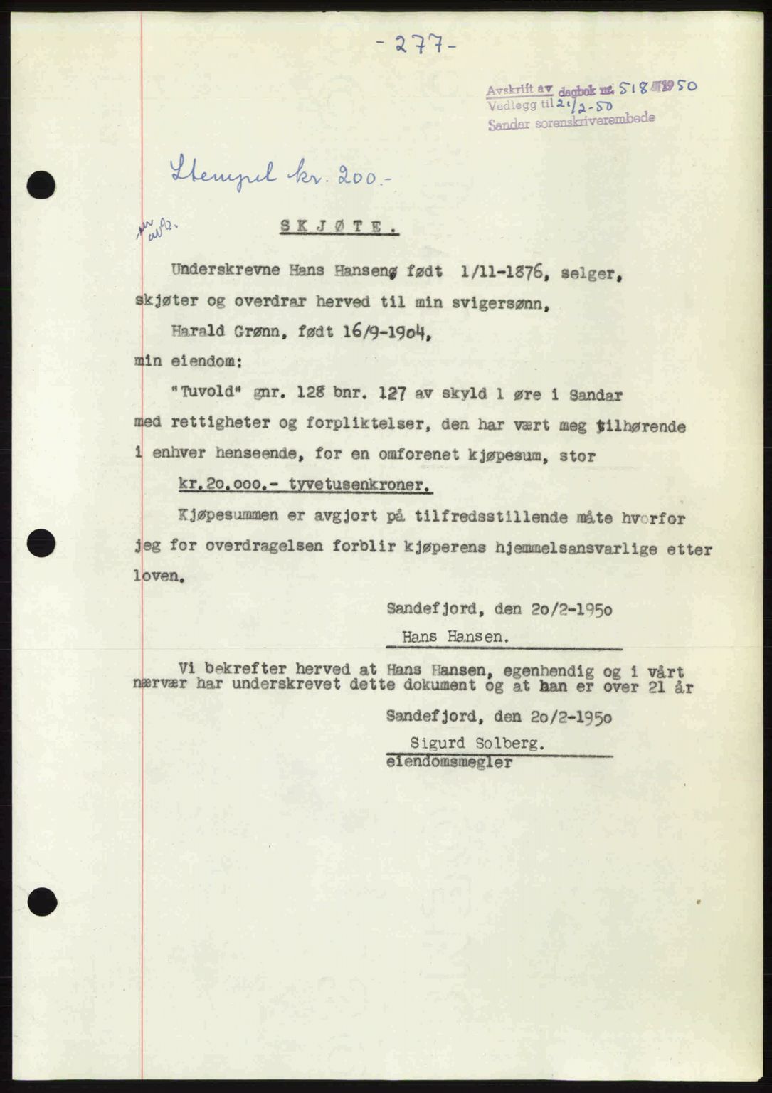 Sandar sorenskriveri, SAKO/A-86/G/Ga/Gaa/L0020: Mortgage book no. A-20, 1949-1950, Diary no: : 518/1950