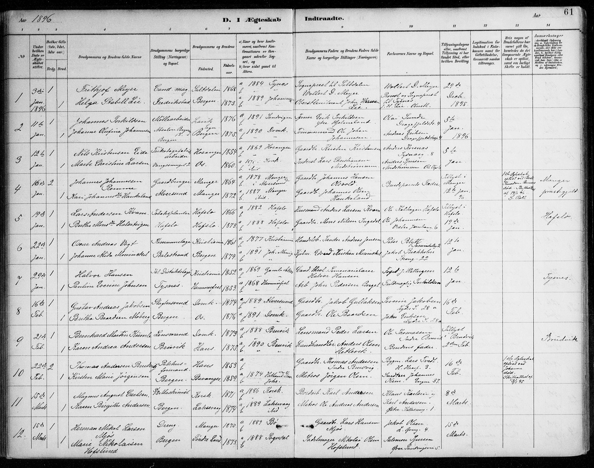 Johanneskirken sokneprestembete, SAB/A-76001/H/Haa/L0012: Parish register (official) no. D 1, 1885-1912, p. 61