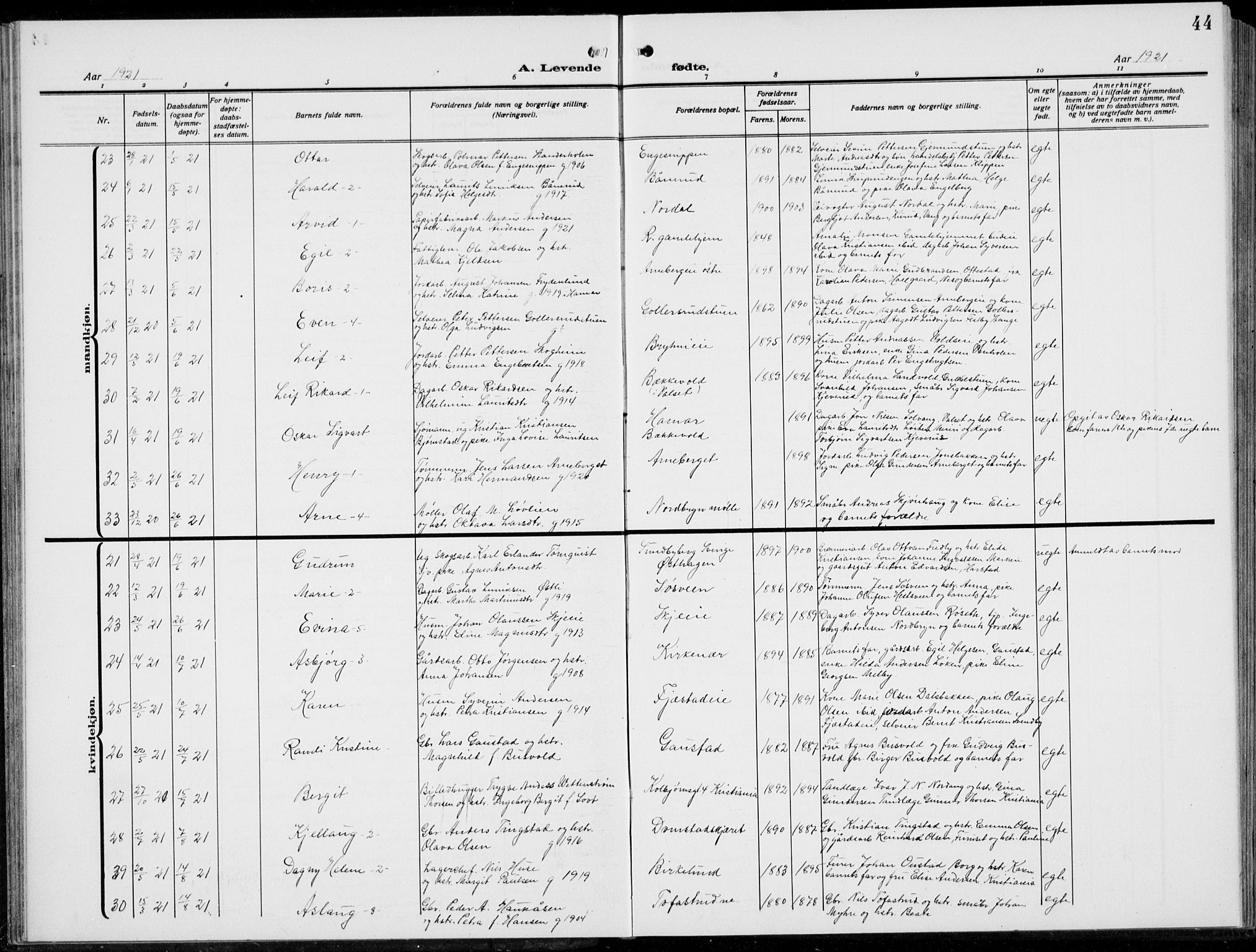 Romedal prestekontor, AV/SAH-PREST-004/L/L0014: Parish register (copy) no. 14, 1915-1939, p. 44