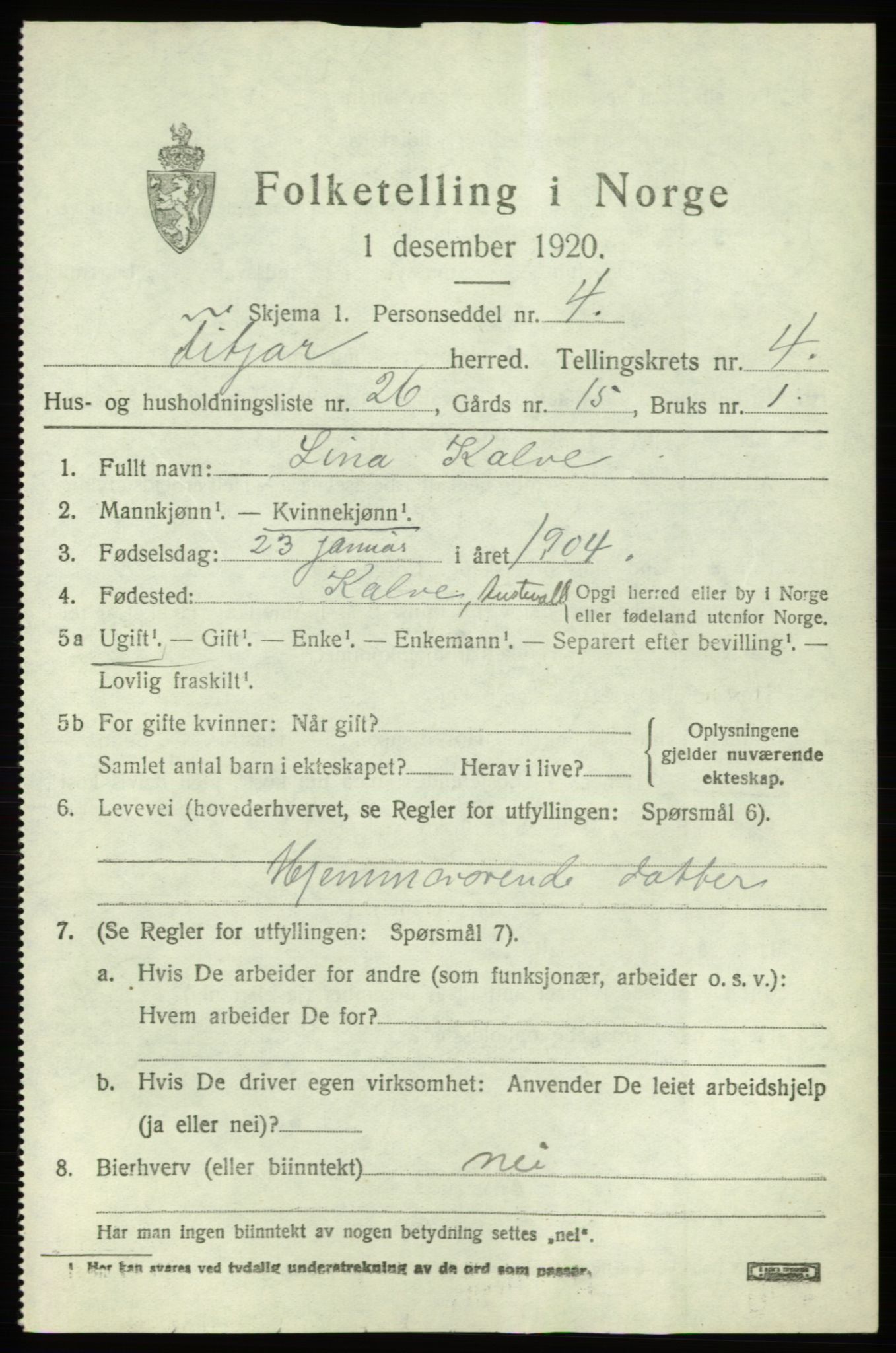 SAB, 1920 census for Fitjar, 1920, p. 2510