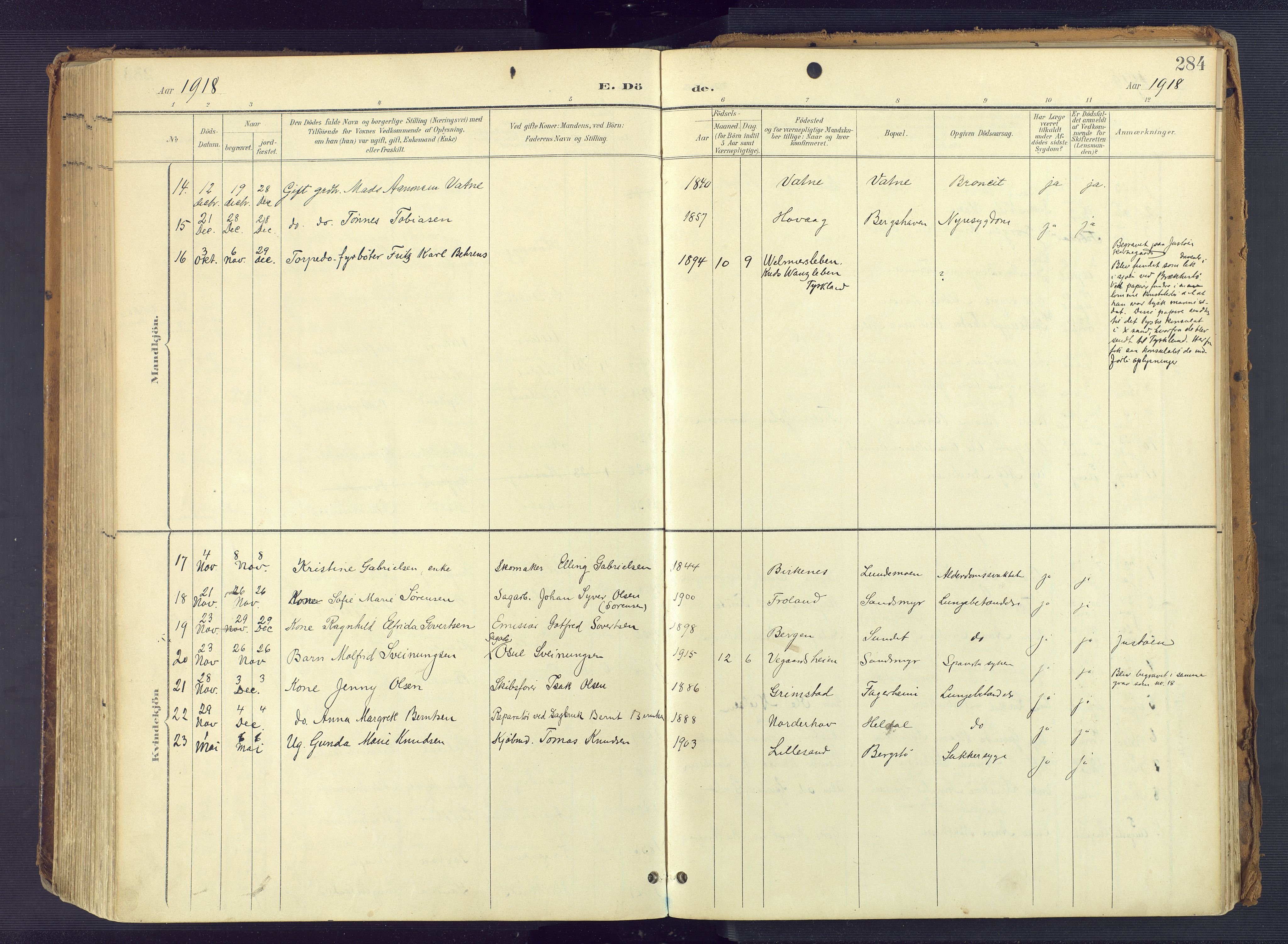 Vestre Moland sokneprestkontor, SAK/1111-0046/F/Fa/Fab/L0010: Parish register (official) no. A 10, 1900-1926, p. 284
