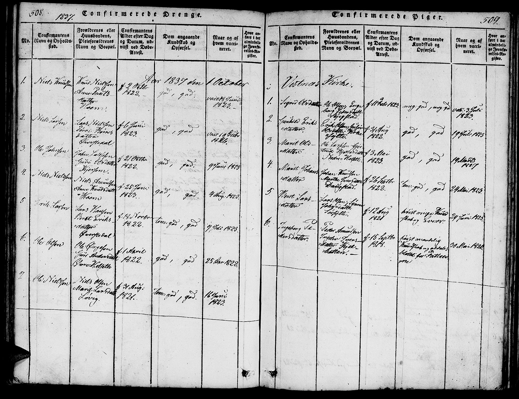 Ministerialprotokoller, klokkerbøker og fødselsregistre - Møre og Romsdal, AV/SAT-A-1454/541/L0544: Parish register (official) no. 541A01, 1818-1847, p. 508-509