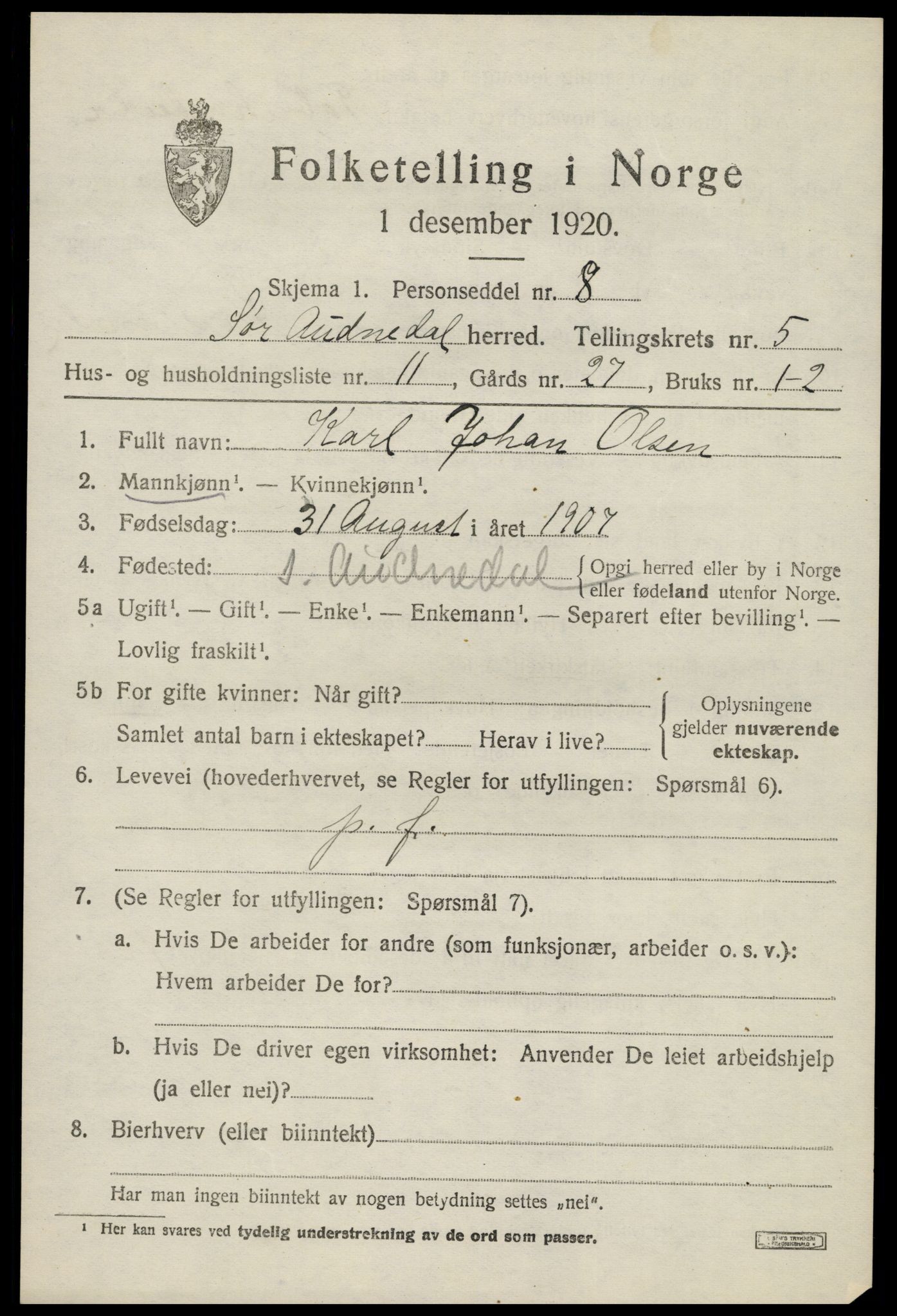 SAK, 1920 census for Sør-Audnedal, 1920, p. 2611