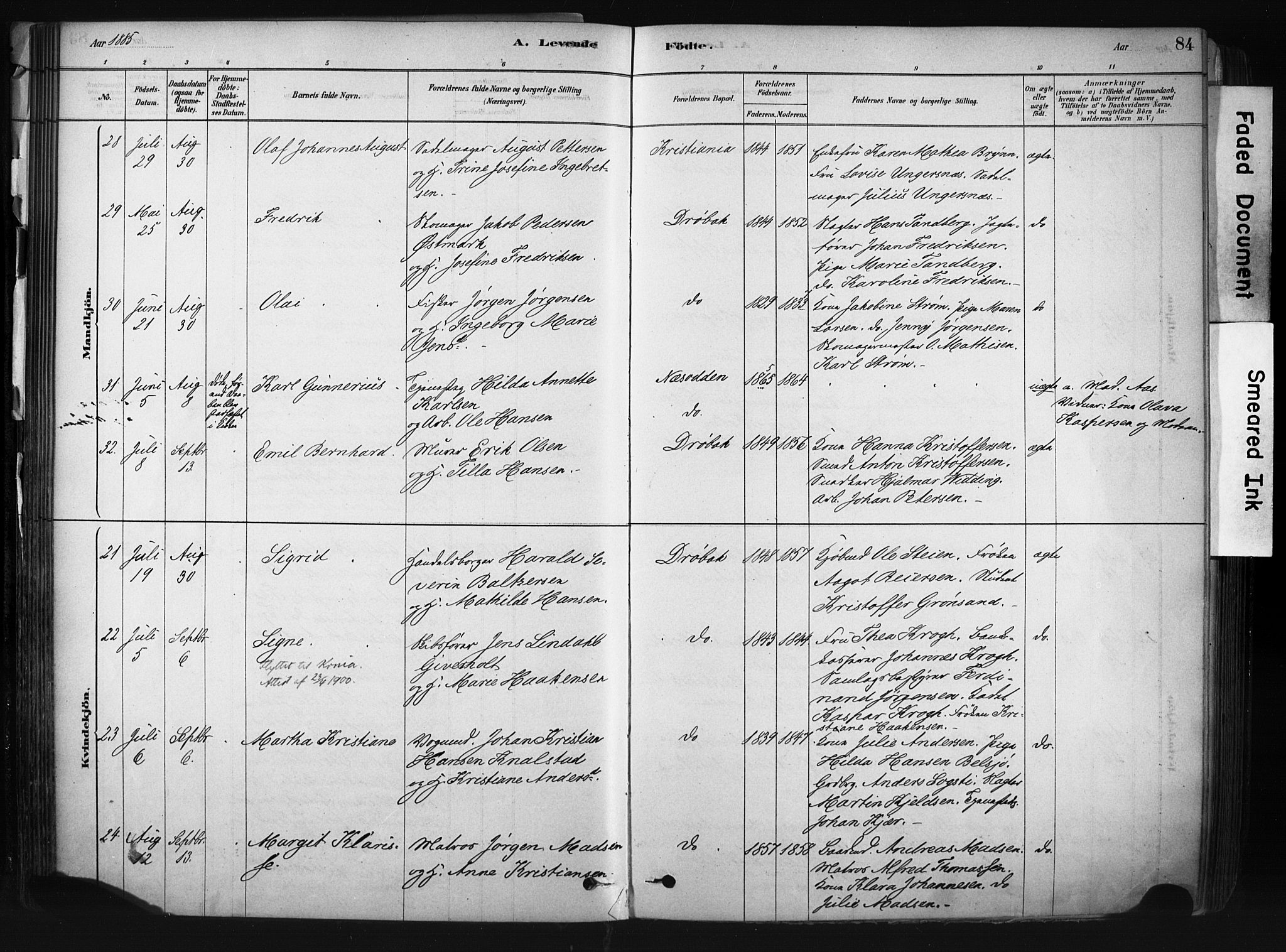 Drøbak prestekontor Kirkebøker, AV/SAO-A-10142a/F/Fb/L0001: Parish register (official) no. II 1, 1878-1891, p. 84