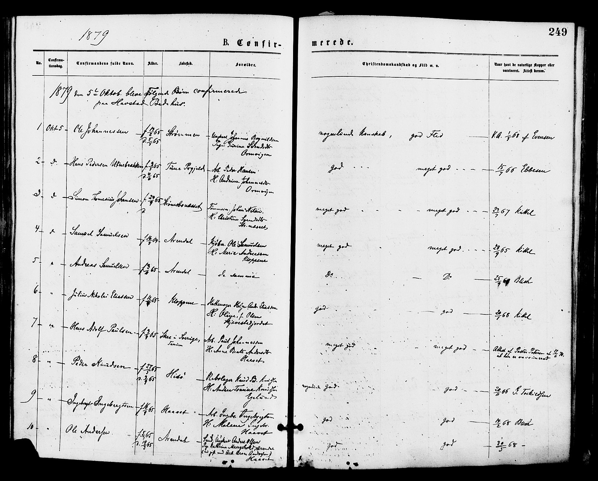 Barbu sokneprestkontor, AV/SAK-1111-0003/F/Fa/L0001: Parish register (official) no. A 1 /1, 1878-1883, p. 249