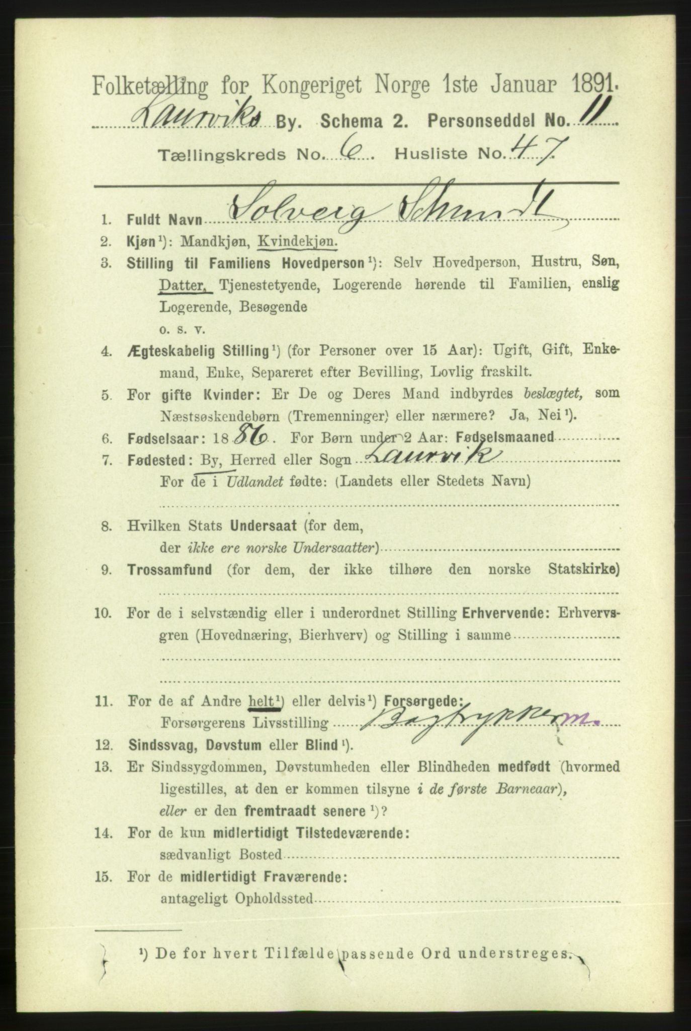 RA, 1891 census for 0707 Larvik, 1891, p. 7142