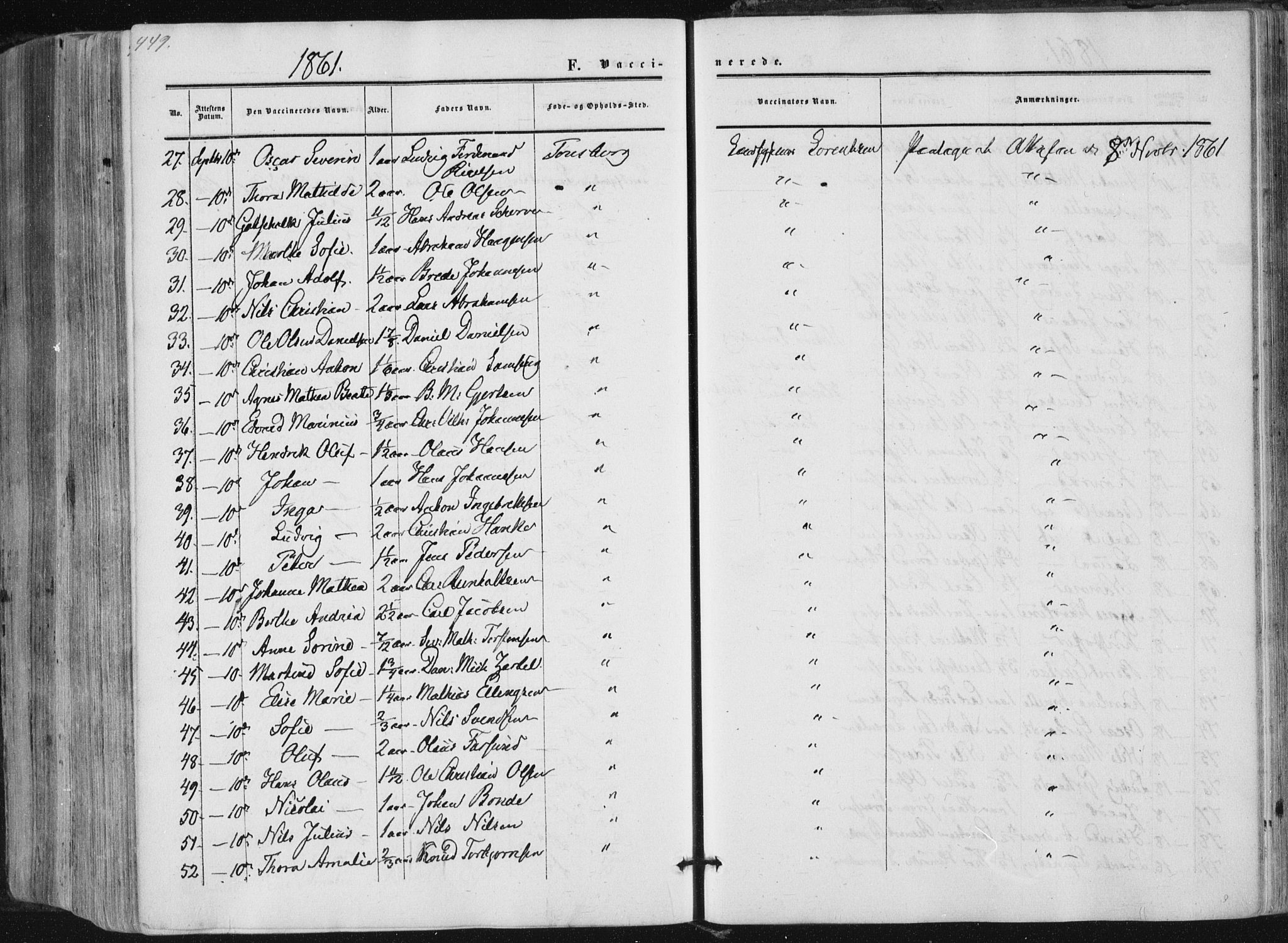 Tønsberg kirkebøker, AV/SAKO-A-330/F/Fa/L0008: Parish register (official) no. I 8, 1855-1864, p. 449