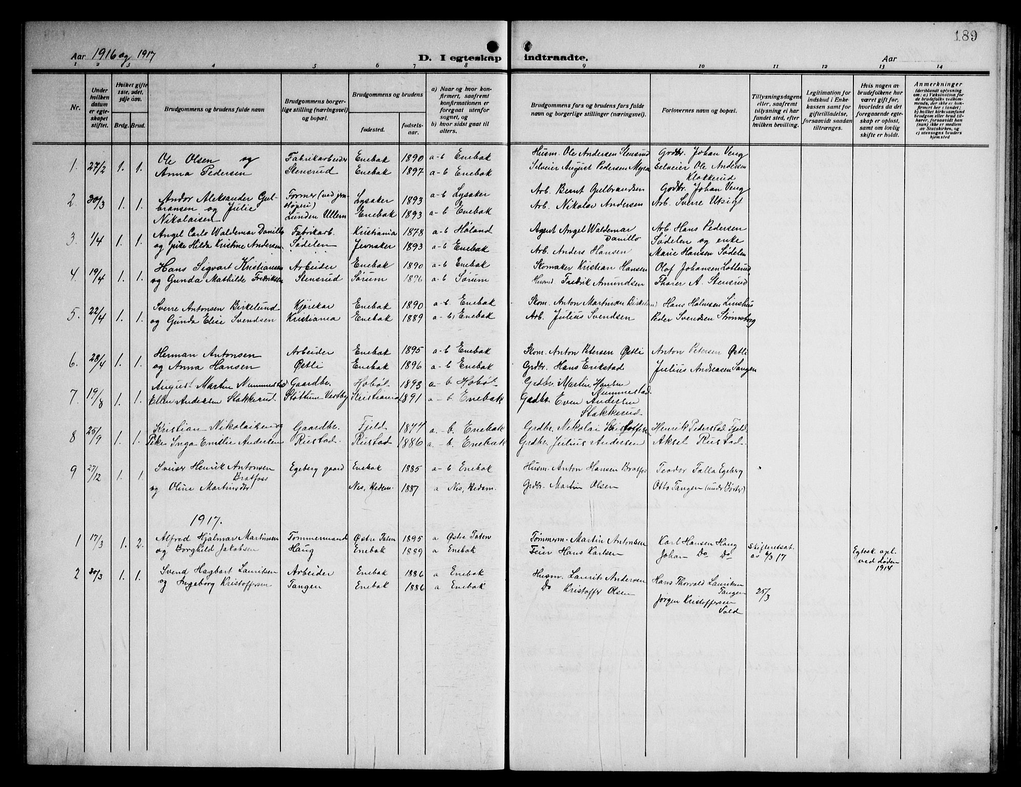 Enebakk prestekontor Kirkebøker, AV/SAO-A-10171c/G/Ga/L0007: Parish register (copy) no. I 7, 1911-1949, p. 189