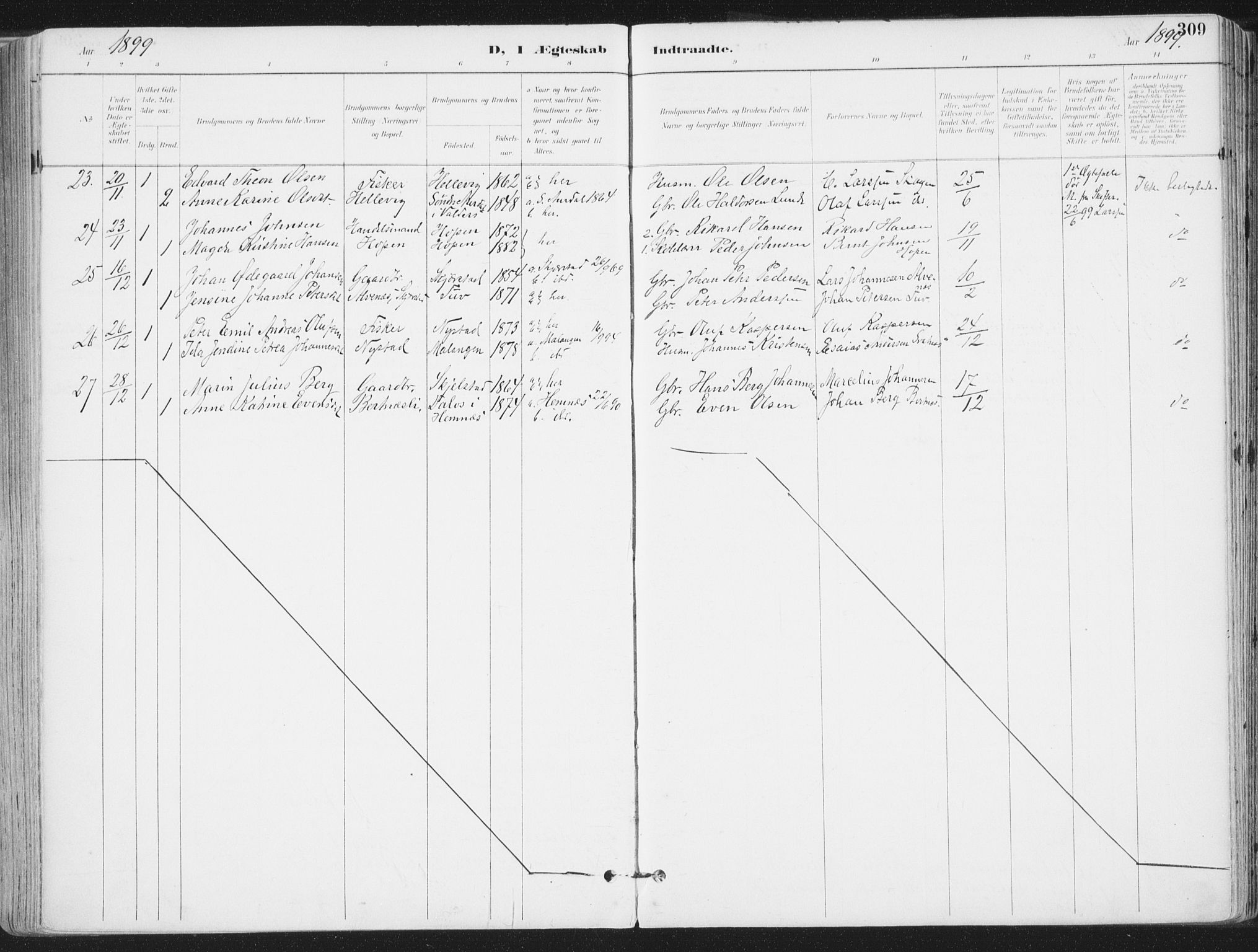 Ministerialprotokoller, klokkerbøker og fødselsregistre - Nordland, SAT/A-1459/802/L0055: Parish register (official) no. 802A02, 1894-1915, p. 309