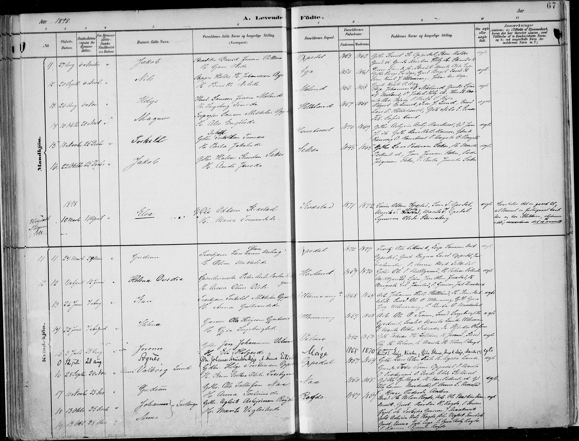 Ullensvang sokneprestembete, AV/SAB-A-78701/H/Haa: Parish register (official) no. B  1, 1882-1918, p. 67