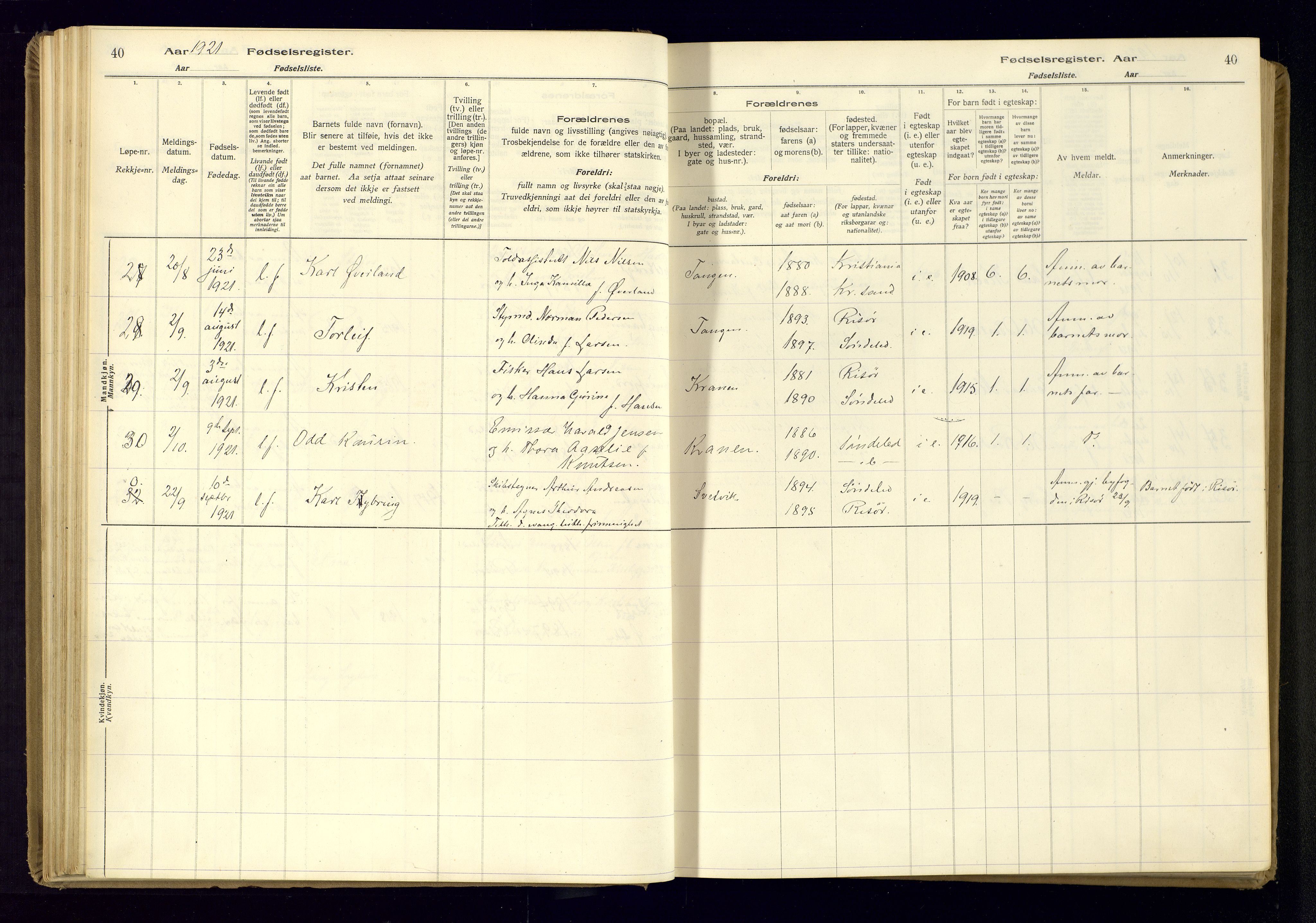 Risør sokneprestkontor, AV/SAK-1111-0035/J/Ja/L0001: Birth register no. A-VI-13, 1916-1947, p. 40