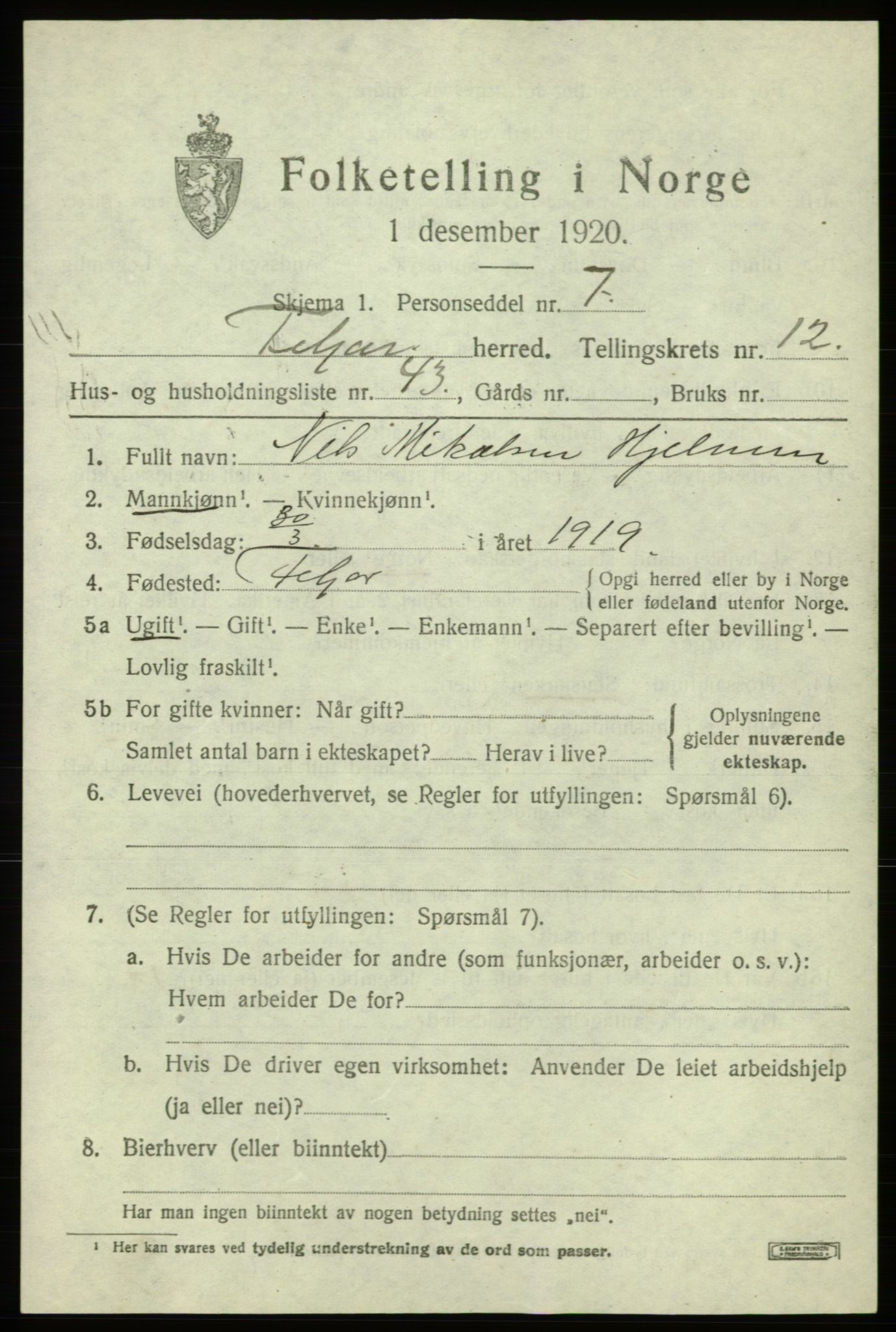 SAB, 1920 census for Fitjar, 1920, p. 5066