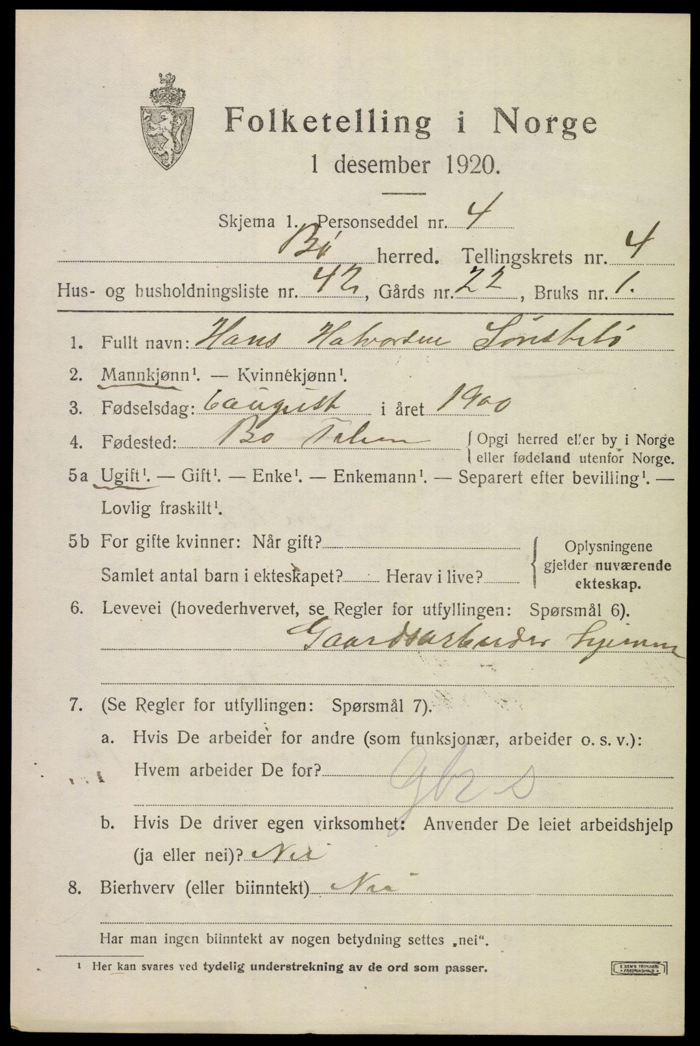 SAKO, 1920 census for Bø (Telemark), 1920, p. 3592