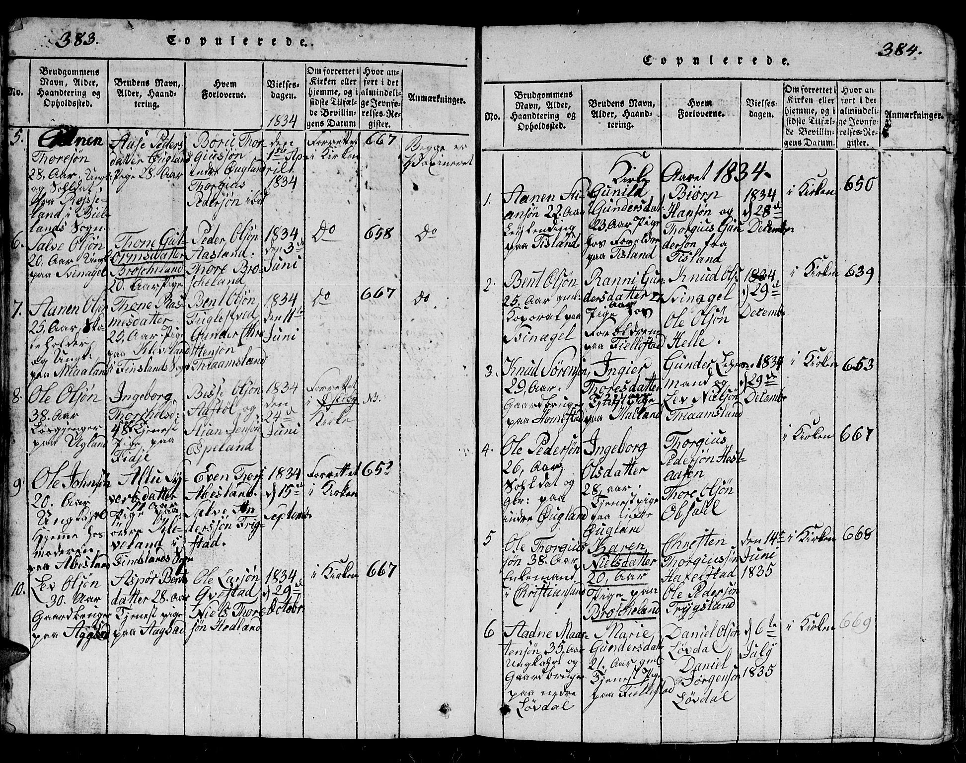 Holum sokneprestkontor, AV/SAK-1111-0022/F/Fb/Fbb/L0001: Parish register (copy) no. B 1, 1820-1847, p. 383-384