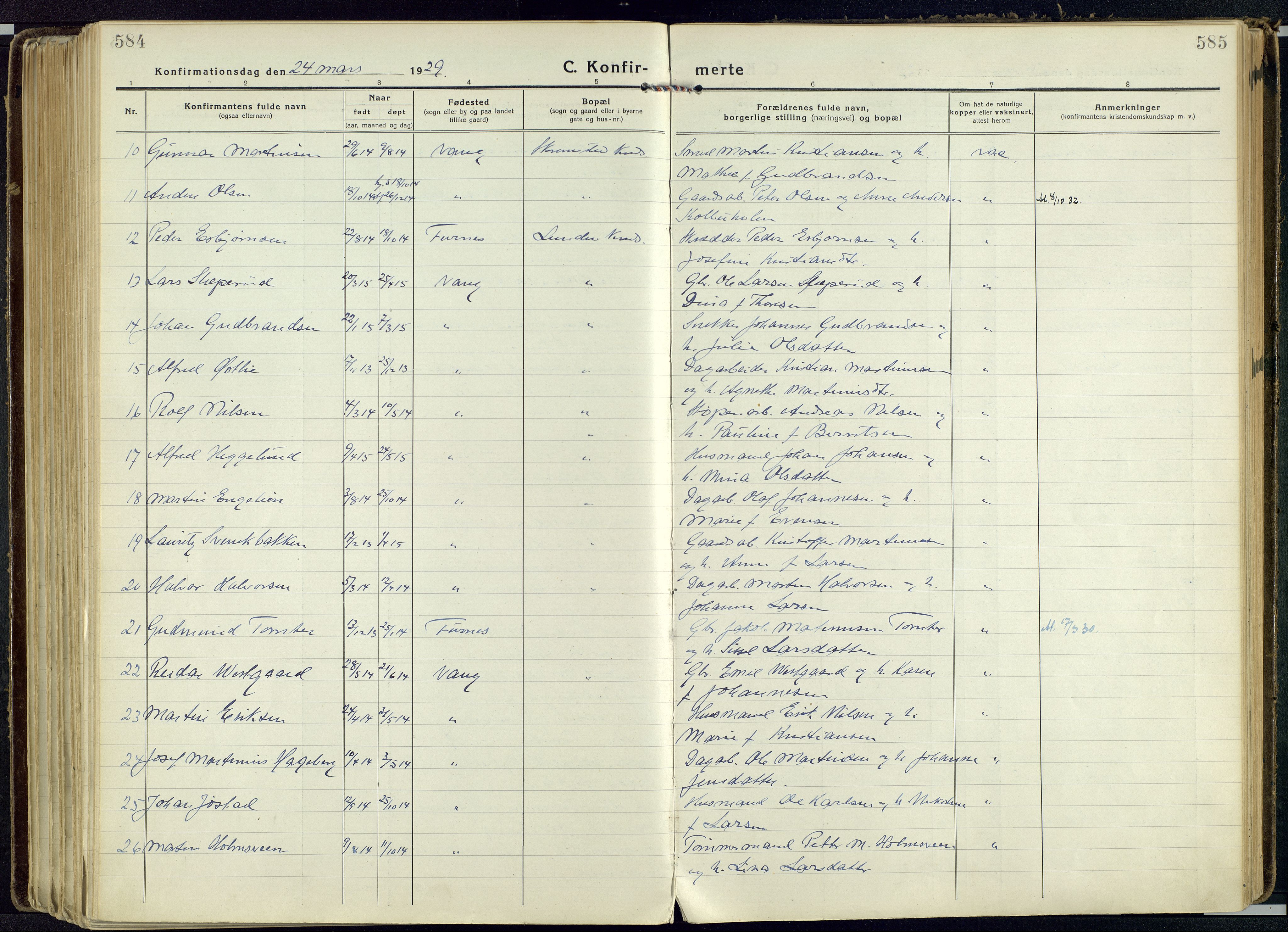 Vang prestekontor, Hedmark, SAH/PREST-008/H/Ha/Haa/L0022: Parish register (official) no. 22, 1918-1944, p. 584-585
