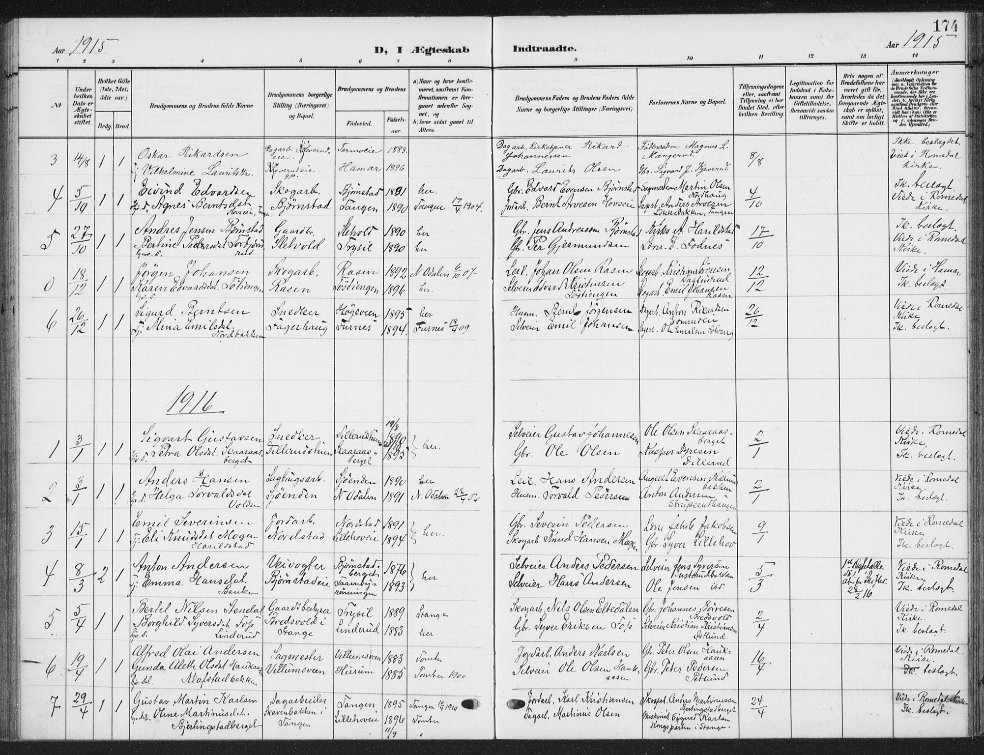 Romedal prestekontor, SAH/PREST-004/K/L0009: Parish register (official) no. 9, 1906-1929, p. 174