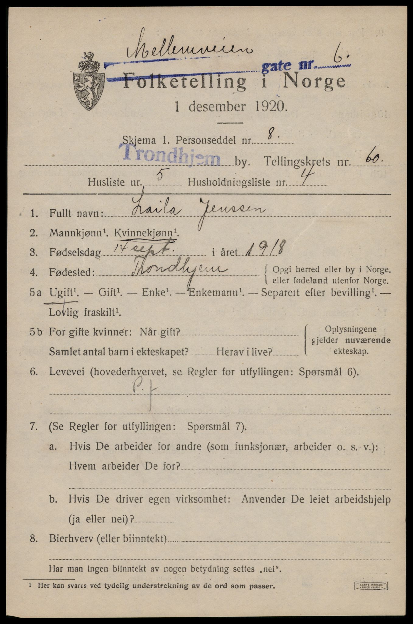 SAT, 1920 census for Trondheim, 1920, p. 121110