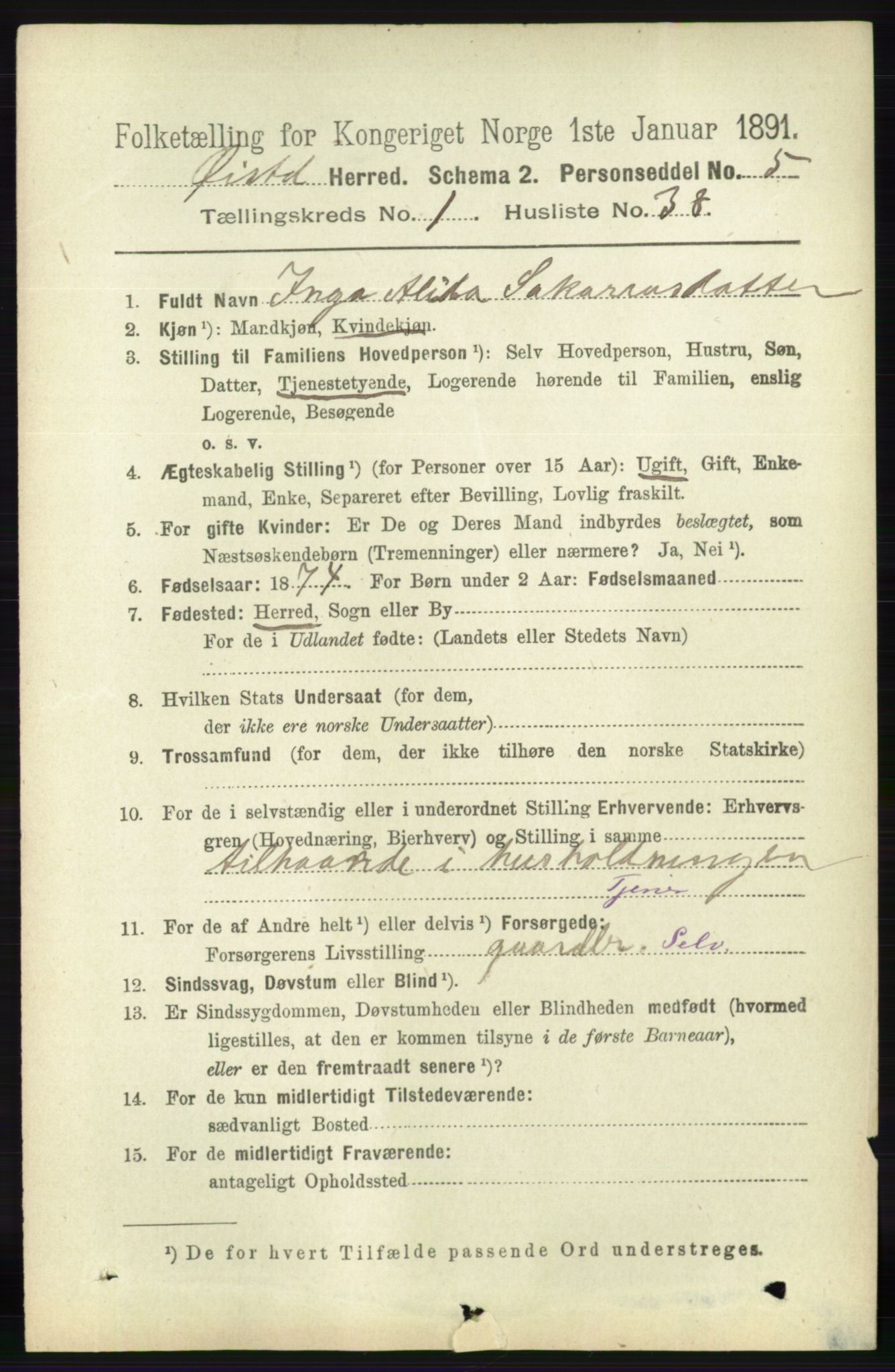 RA, 1891 census for 0920 Øyestad, 1891, p. 294