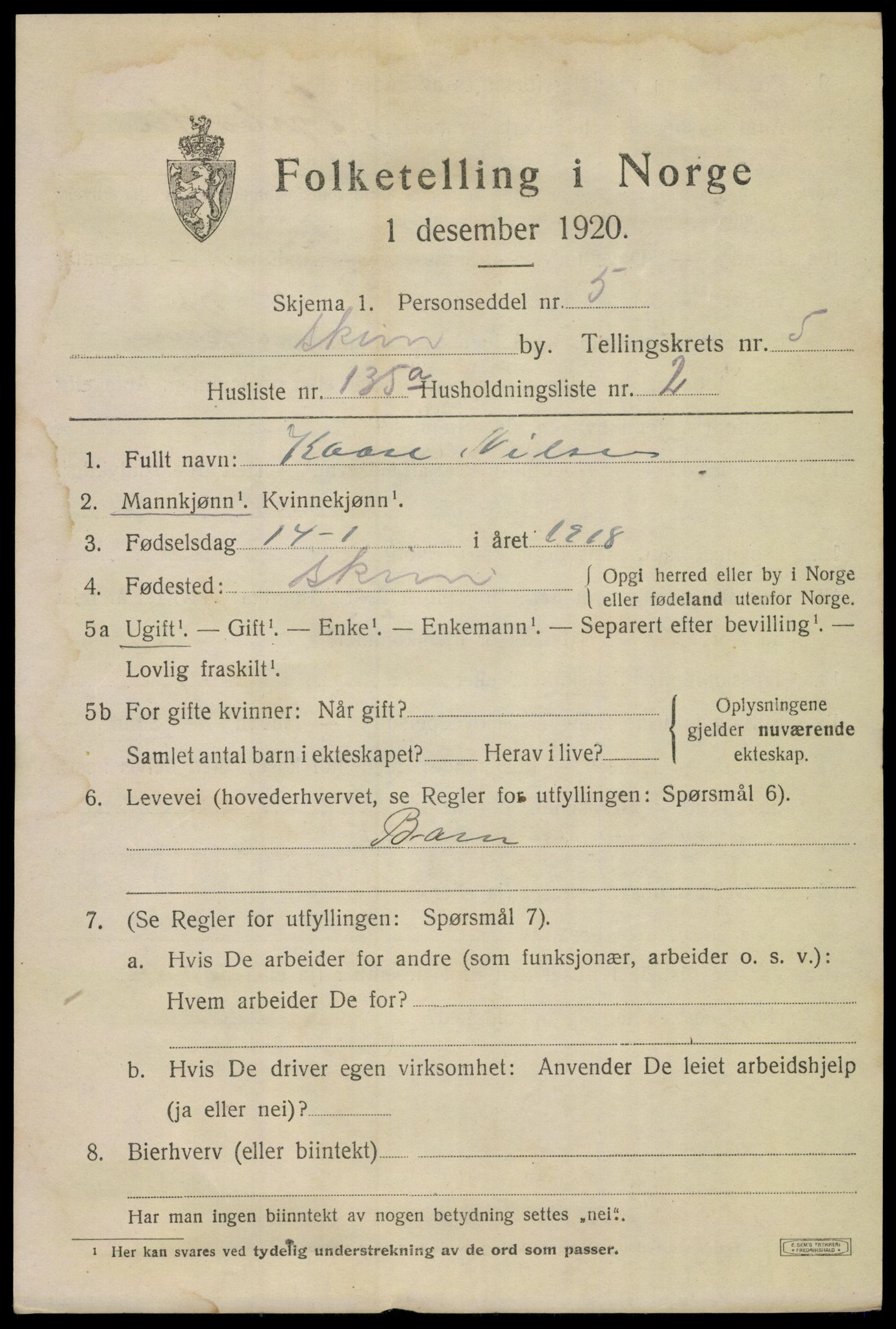 SAKO, 1920 census for Skien, 1920, p. 21800