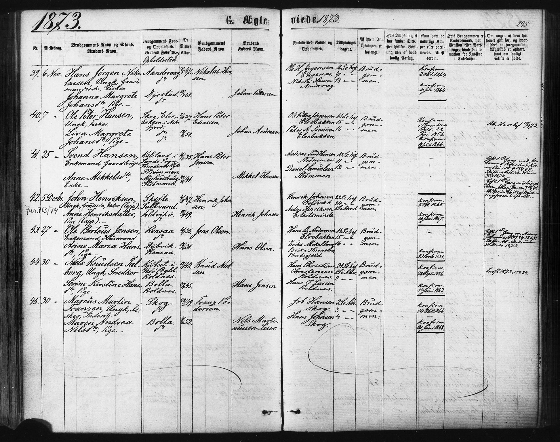 Ibestad sokneprestembete, SATØ/S-0077/H/Ha/Haa/L0010kirke: Parish register (official) no. 10, 1869-1879, p. 295