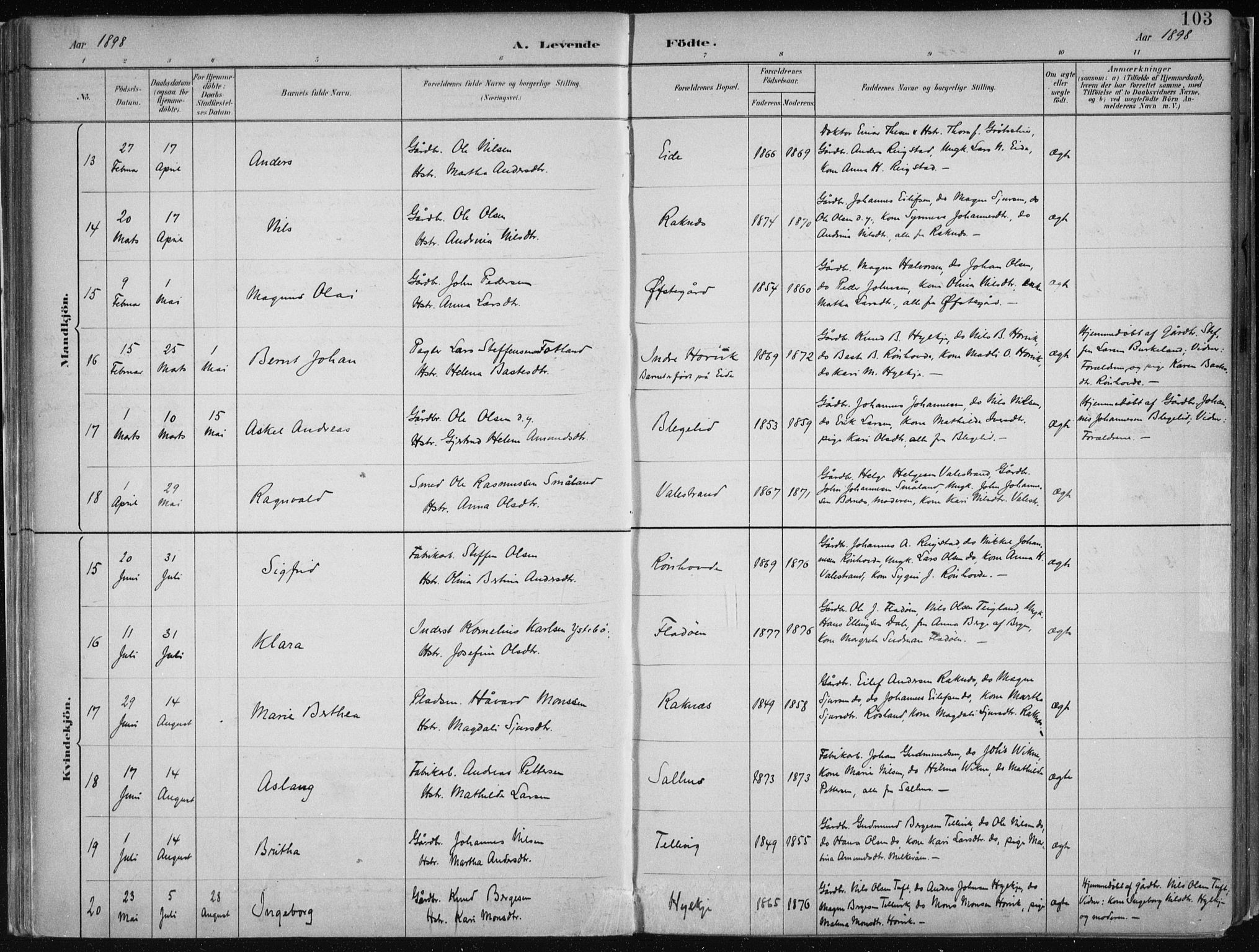 Hamre sokneprestembete, AV/SAB-A-75501/H/Ha/Haa/Haab/L0001: Parish register (official) no. B  1, 1882-1905, p. 103