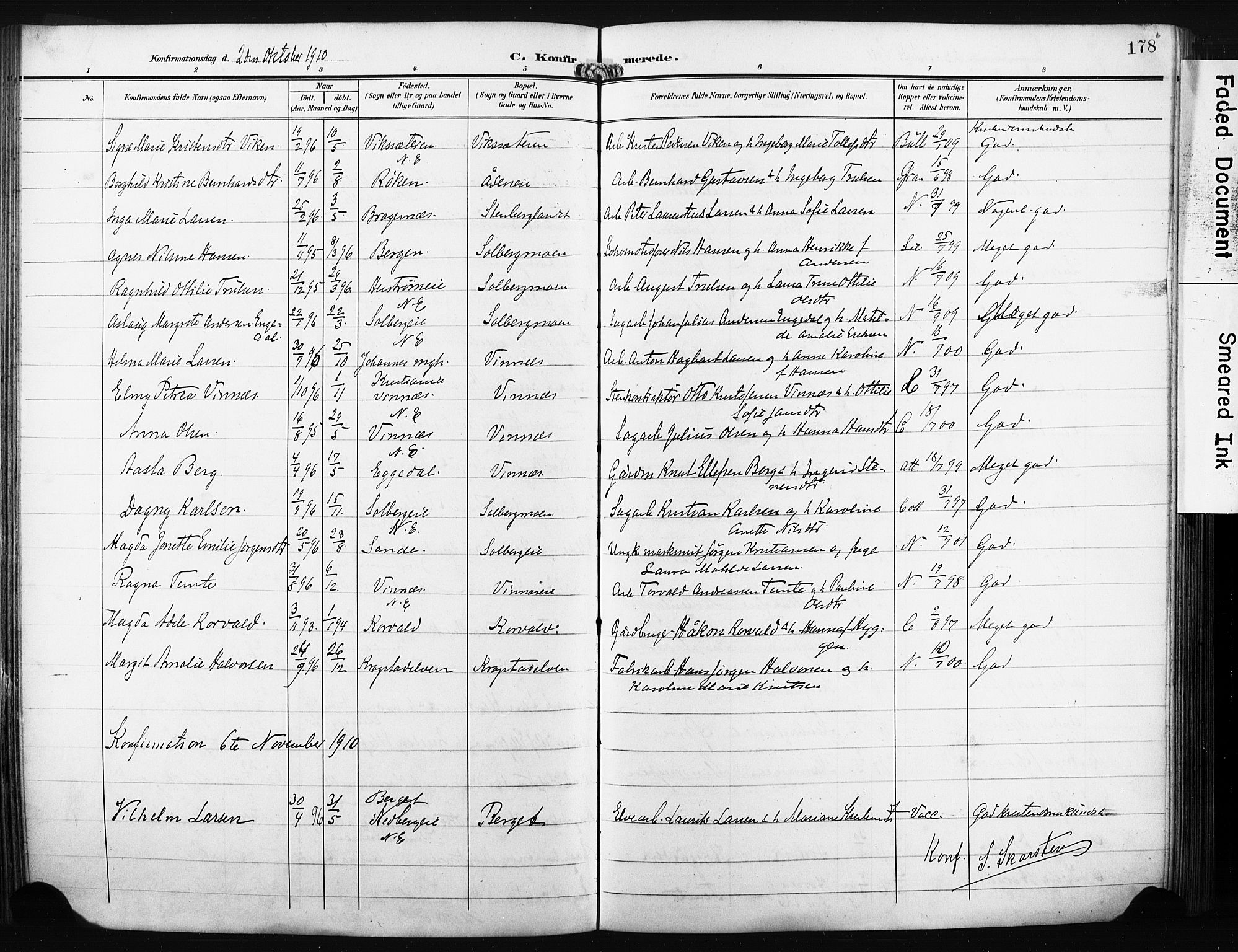 Nedre Eiker kirkebøker, AV/SAKO-A-612/F/Fa/L0006: Parish register (official) no. 6, 1906-1912, p. 178