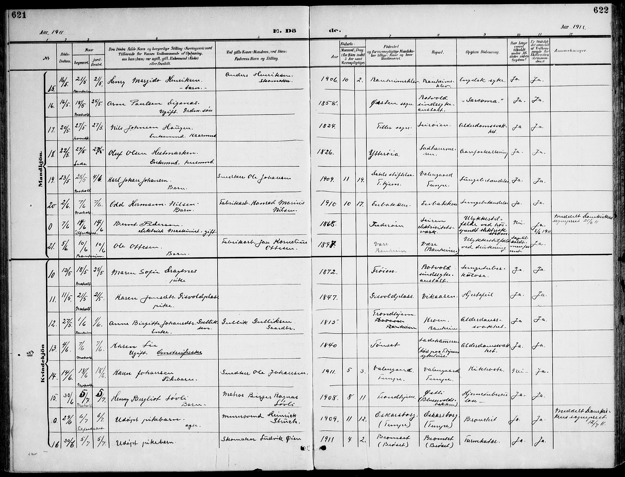 Ministerialprotokoller, klokkerbøker og fødselsregistre - Sør-Trøndelag, AV/SAT-A-1456/607/L0320: Parish register (official) no. 607A04, 1907-1915, p. 621-622