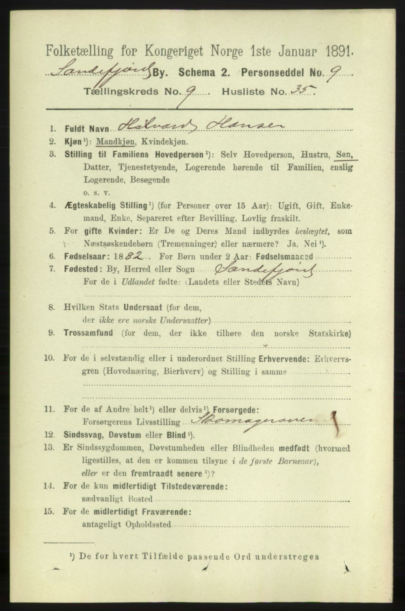 RA, 1891 census for 0706 Sandefjord, 1891, p. 3739