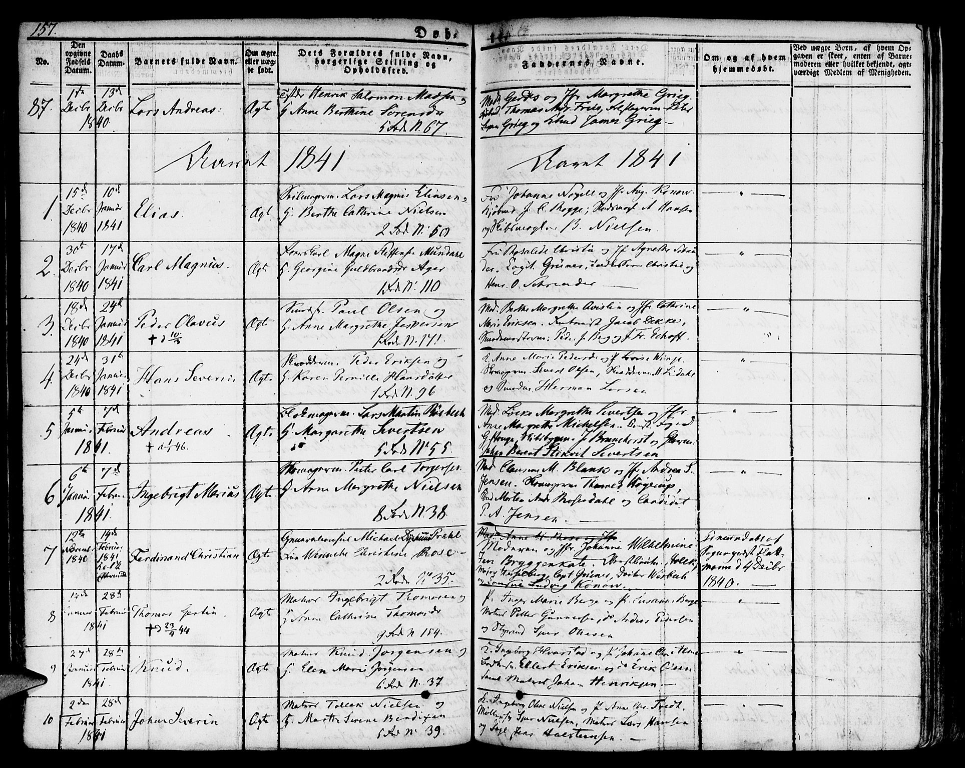 Nykirken Sokneprestembete, SAB/A-77101/H/Hab: Parish register (copy) no. A 5I, 1821-1841, p. 157