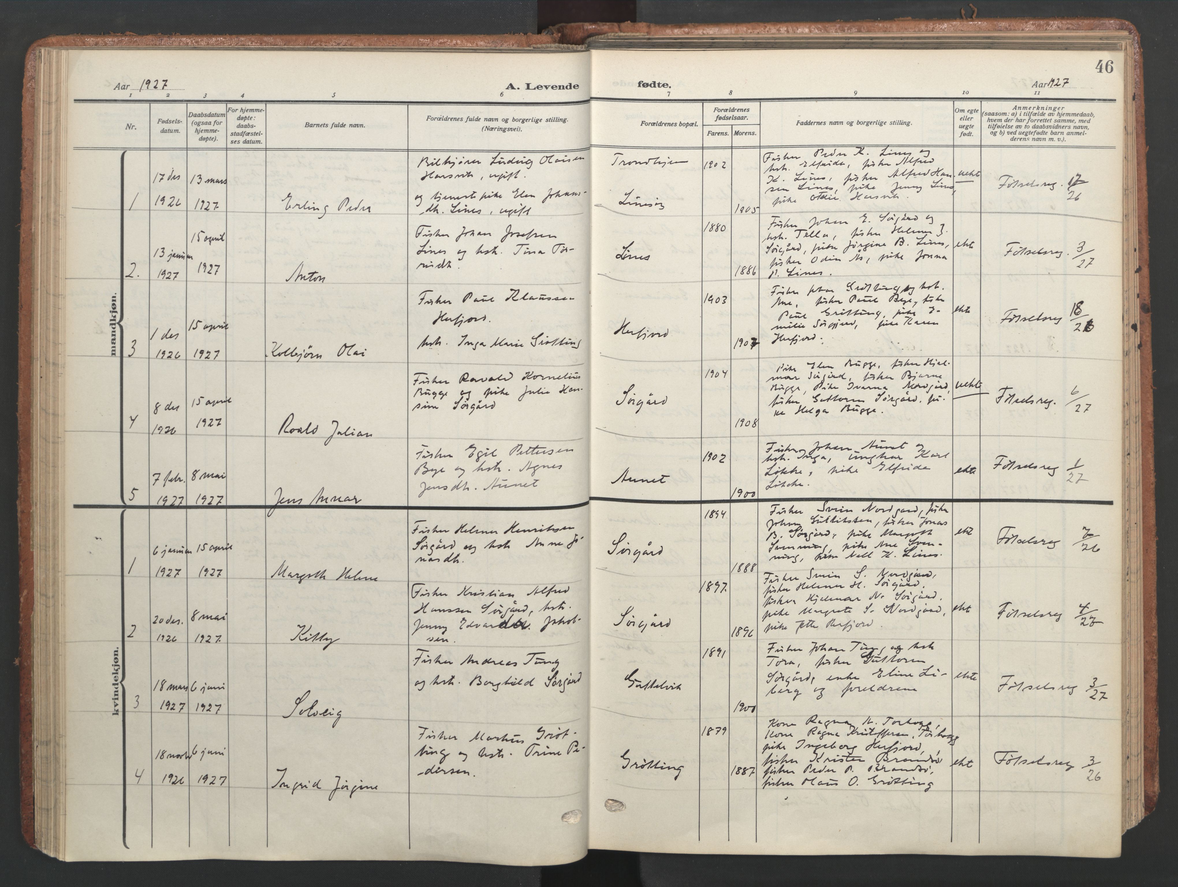 Ministerialprotokoller, klokkerbøker og fødselsregistre - Sør-Trøndelag, SAT/A-1456/656/L0694: Parish register (official) no. 656A03, 1914-1931, p. 46
