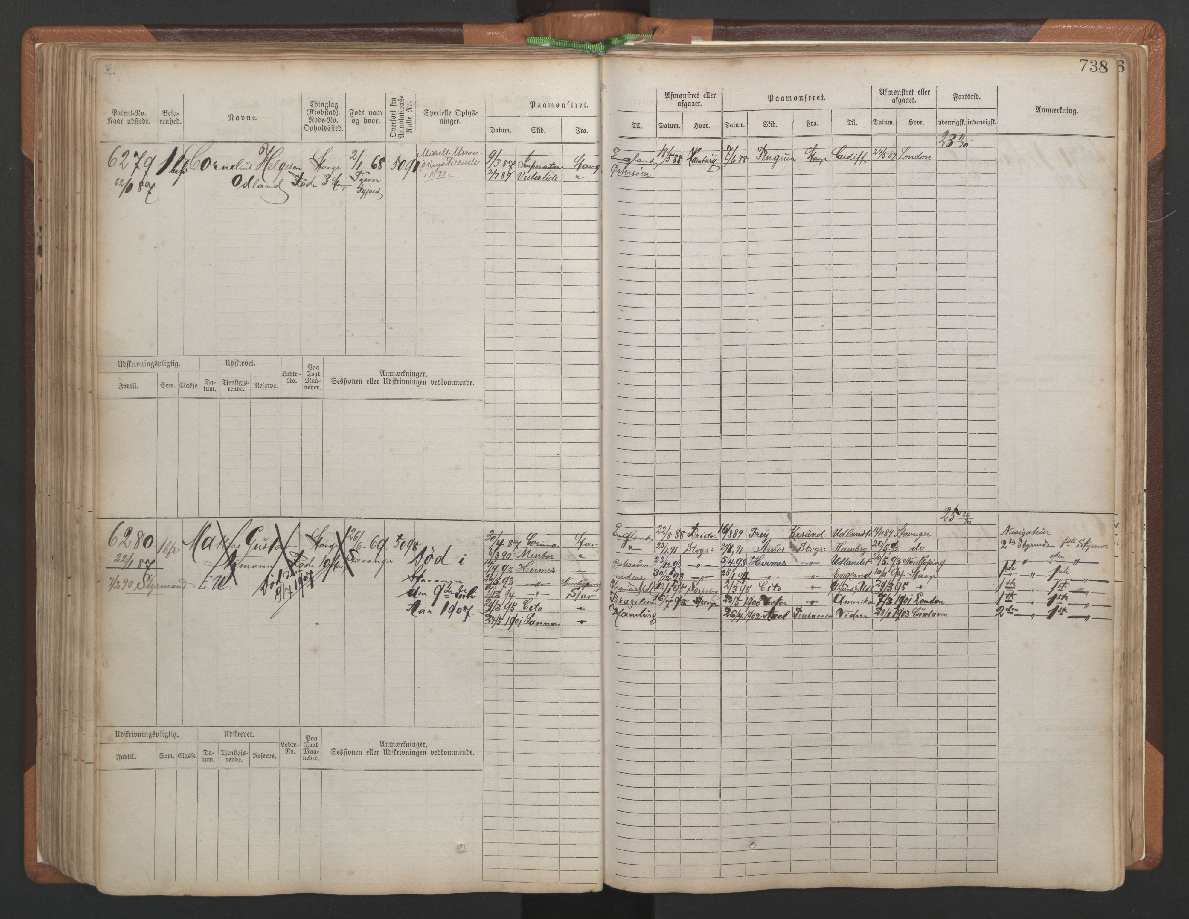 Stavanger sjømannskontor, AV/SAST-A-102006/F/Fb/Fbb/L0010: Sjøfartshovedrulle, patentnr. 6007-6606 (del 1), 1887-1896, p. 142