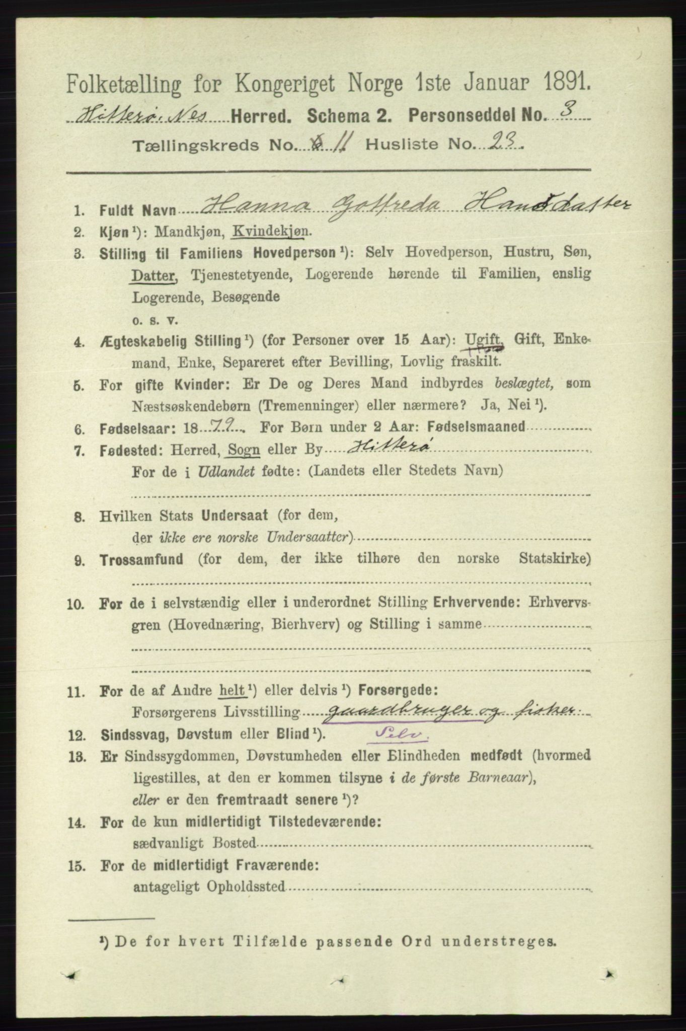RA, 1891 census for 1043 Hidra og Nes, 1891, p. 4602