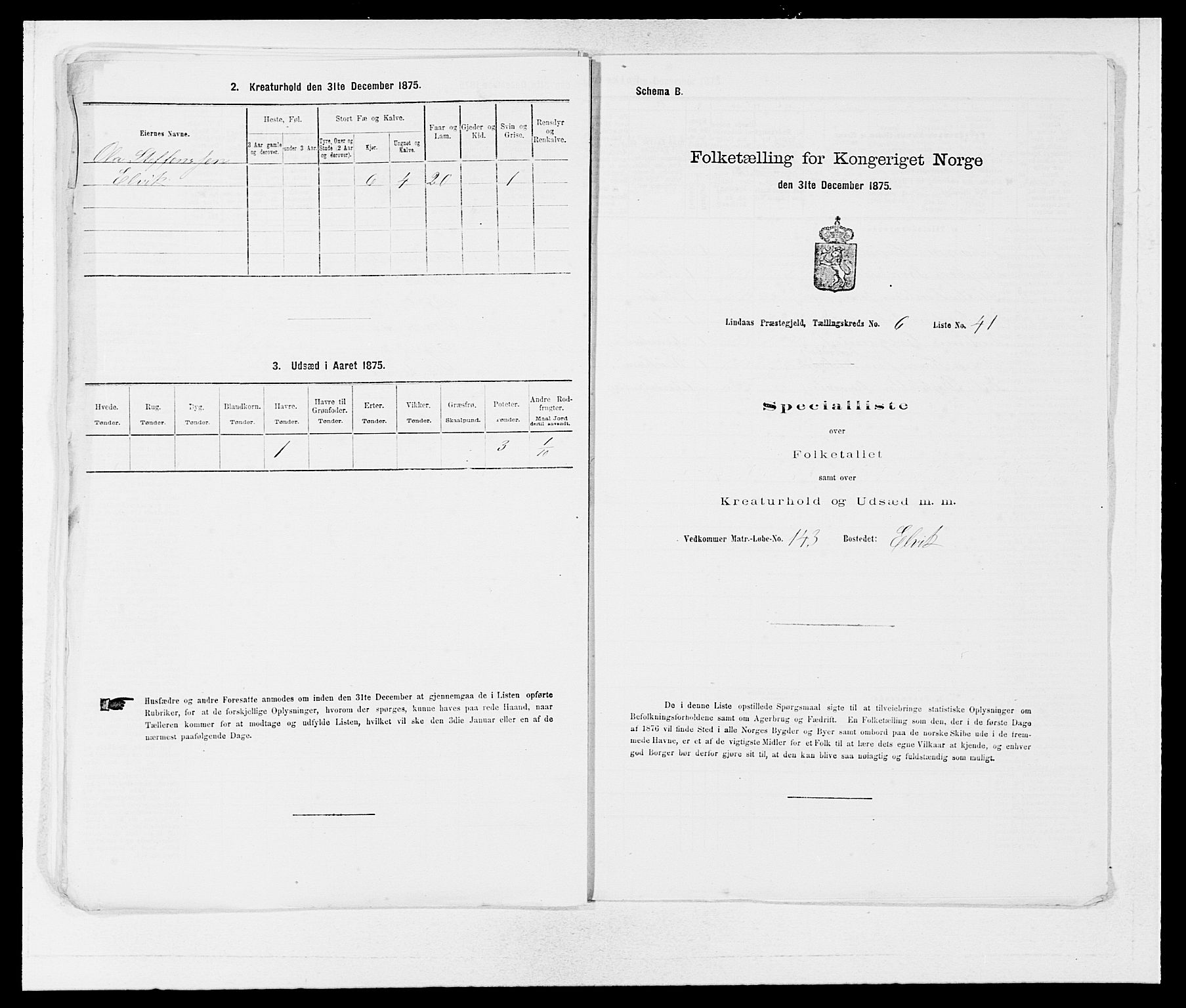 SAB, 1875 census for 1263P Lindås, 1875, p. 535