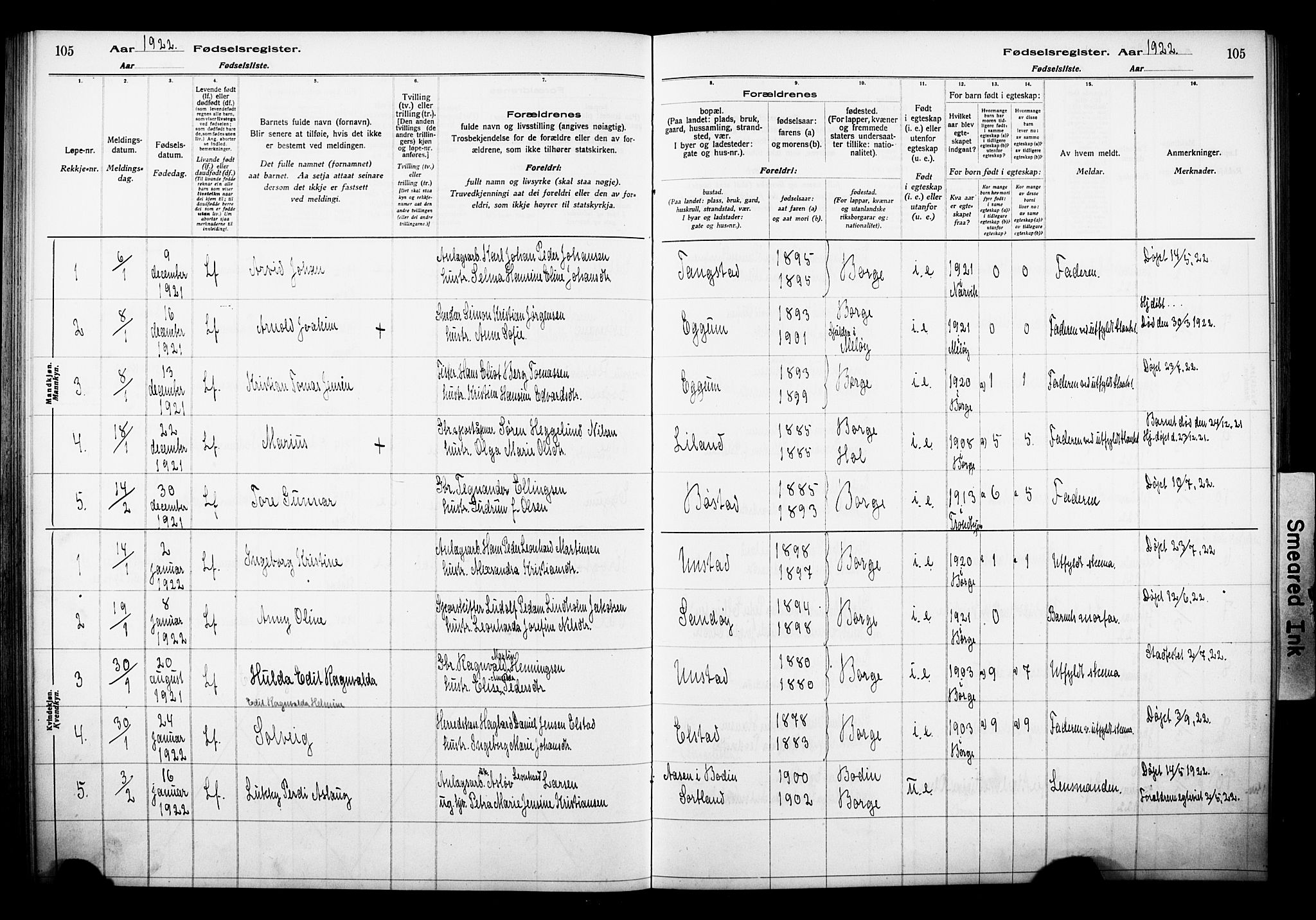 Ministerialprotokoller, klokkerbøker og fødselsregistre - Nordland, AV/SAT-A-1459/880/L1145: Birth register no. 880.II.4.1, 1916-1929, p. 105