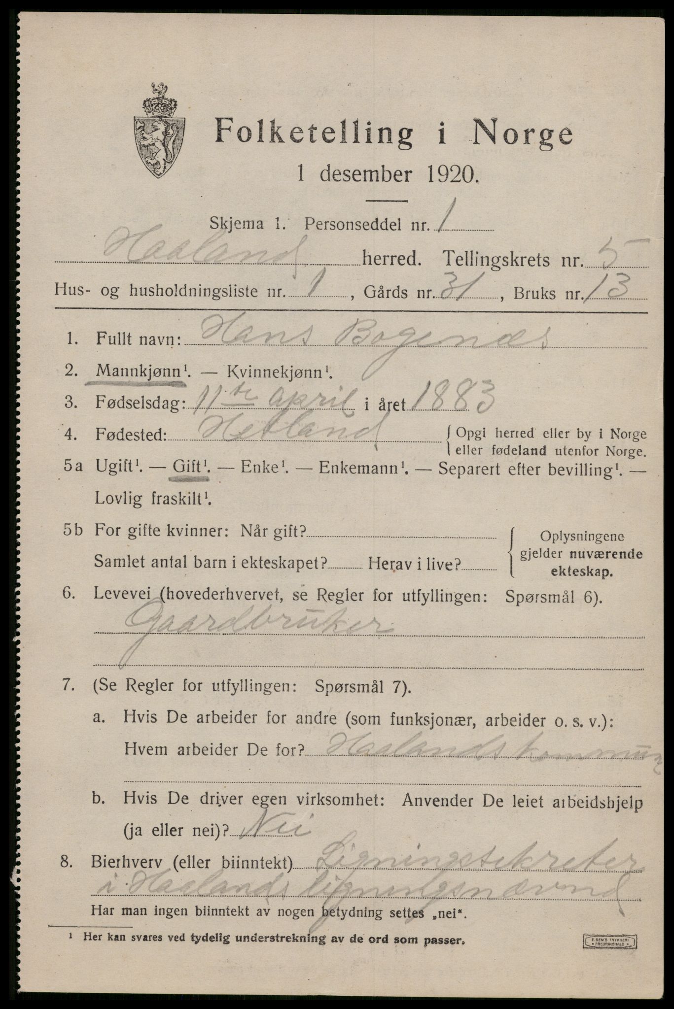 SAST, 1920 census for Håland, 1920, p. 4515