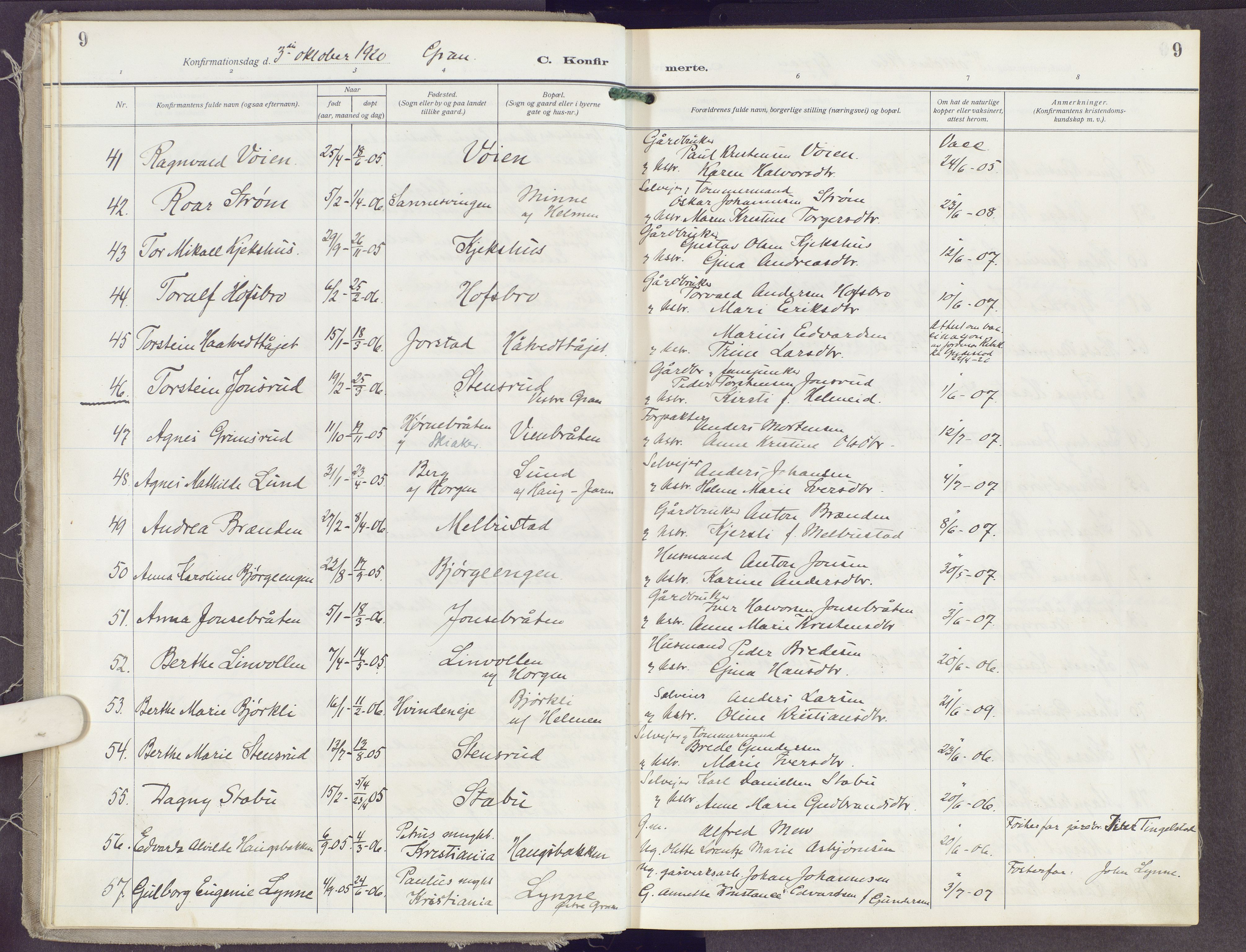 Gran prestekontor, AV/SAH-PREST-112/H/Ha/Haa/L0023: Parish register (official) no. 23, 1919-1938, p. 9