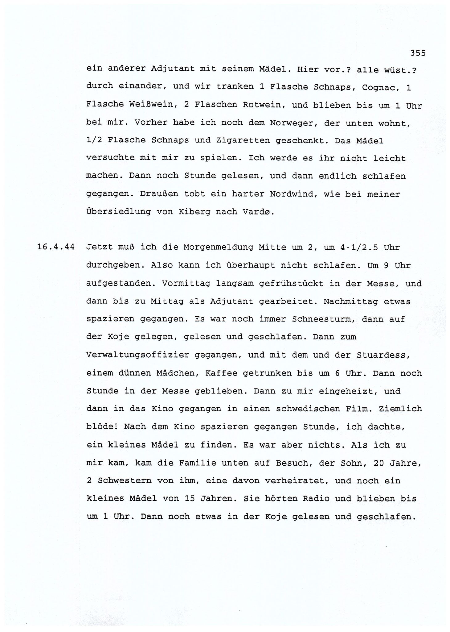 Dagbokopptegnelser av en tysk marineoffiser stasjonert i Norge , FMFB/A-1160/F/L0001: Dagbokopptegnelser av en tysk marineoffiser stasjonert i Norge, 1941-1944, p. 355