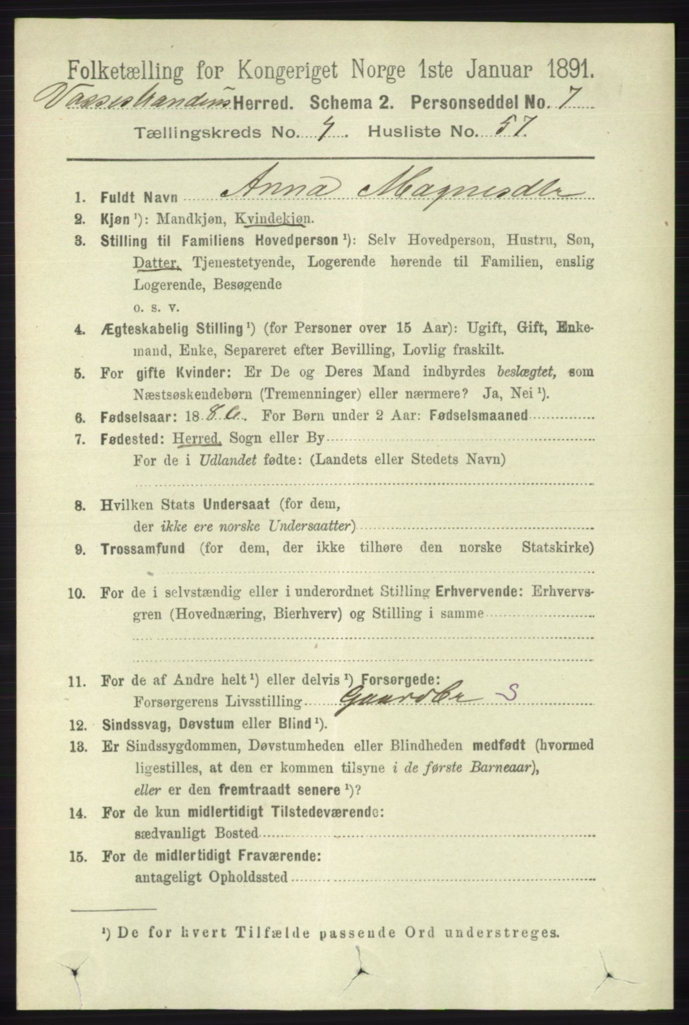 RA, 1891 census for 1236 Vossestrand, 1891, p. 1845